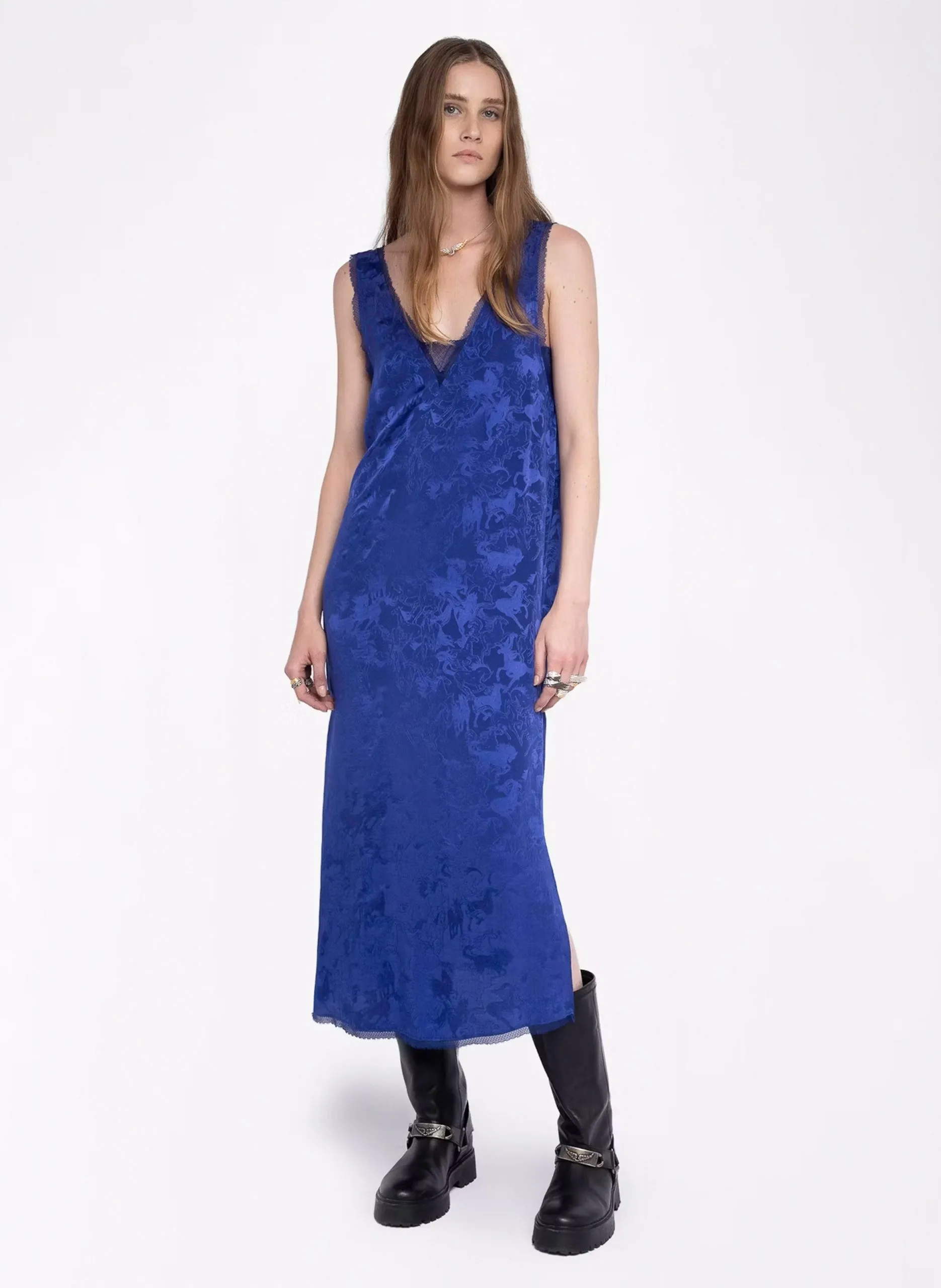 Robe midi col v en soie Bleu RENZO