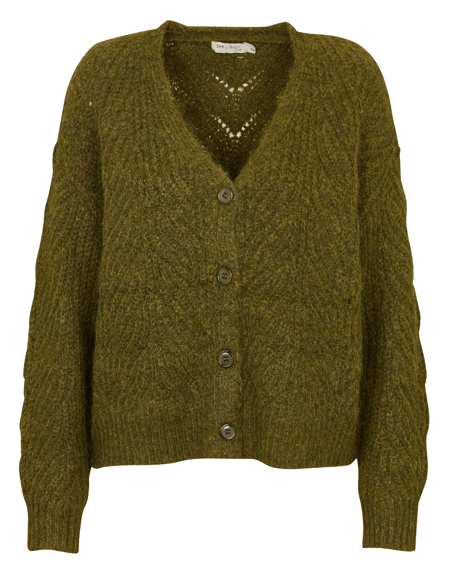 Cardigan ample col V en maille ajourée Vert