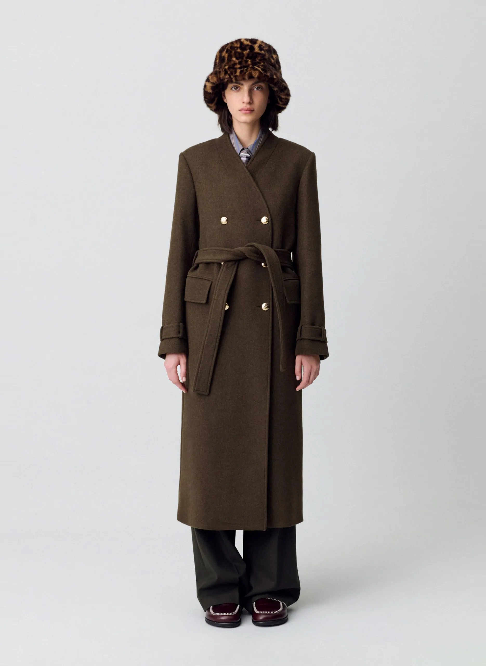 Manteau droit col V en laine mélangée Kaki GALIKA