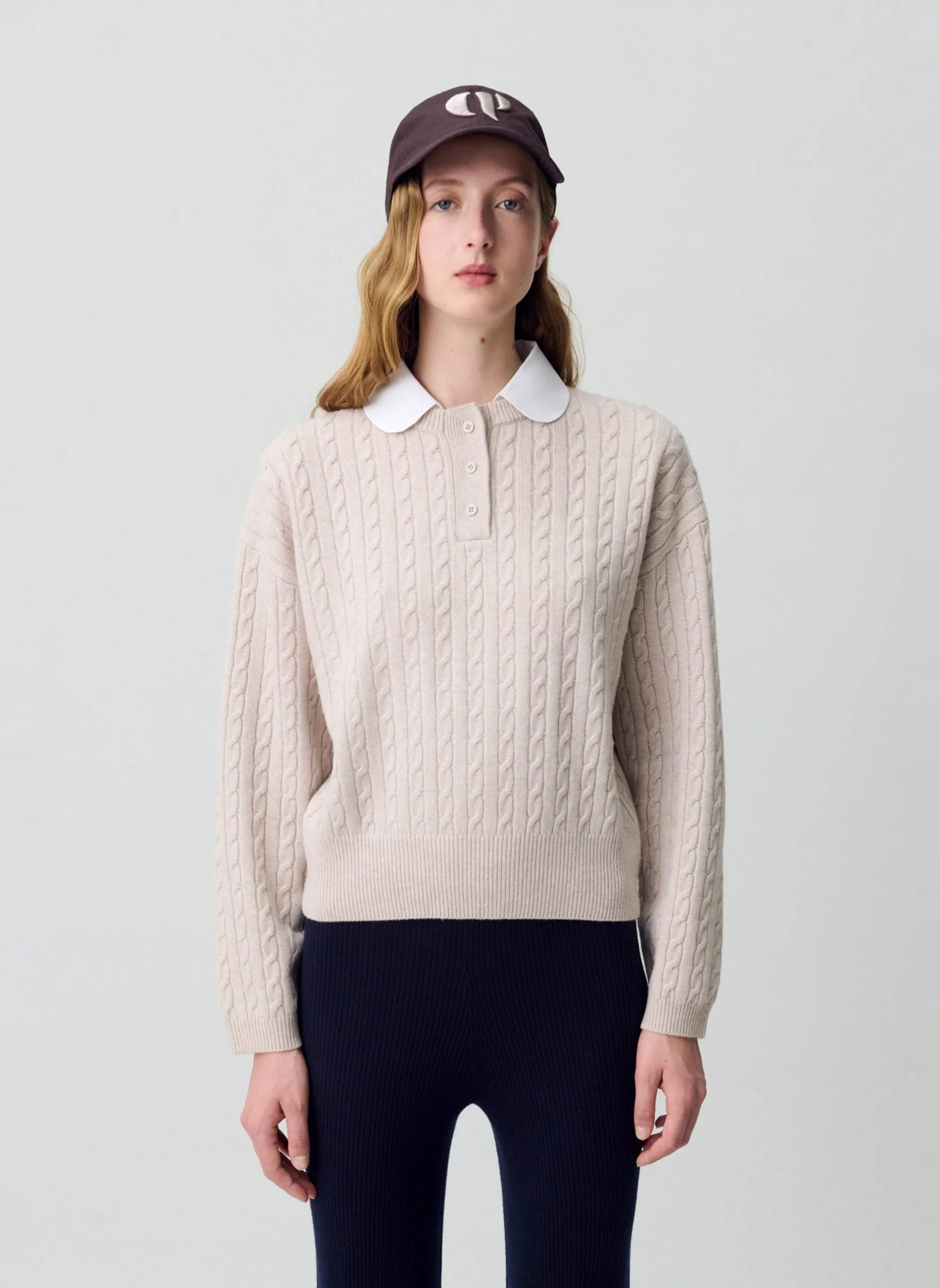 Pull col claudine en laine mélangée Beige