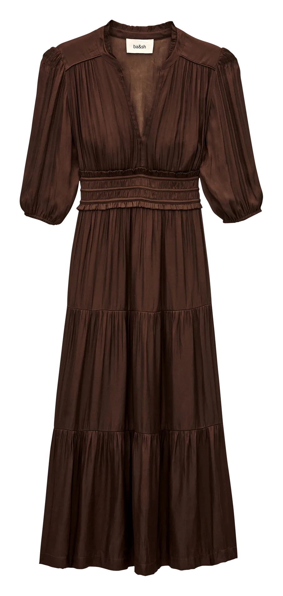 Robe longue froncée col tunisien en satin Marron CLELI