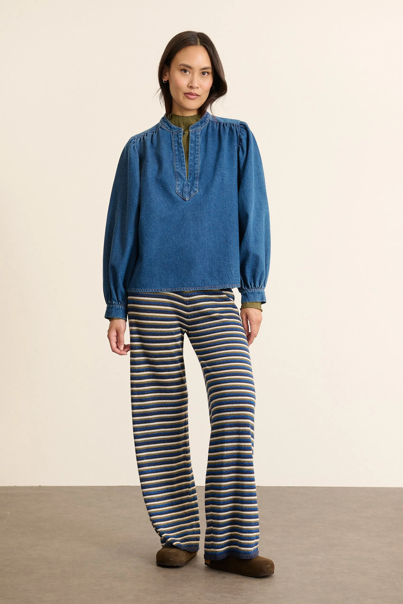 Blouse manches longues col tunisien Bleu BEA