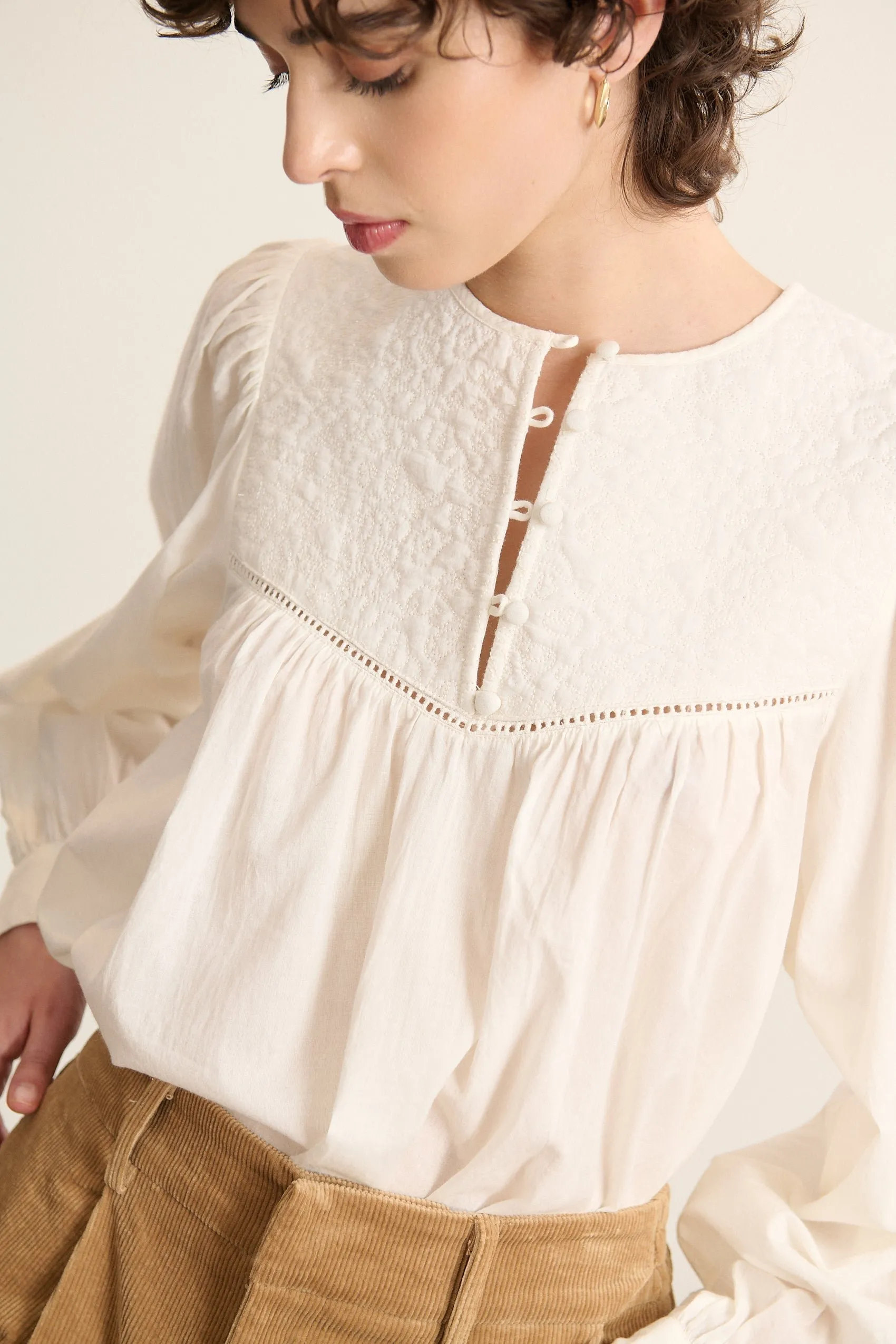 Blouse ample manches longues brodée Blanc BERRY