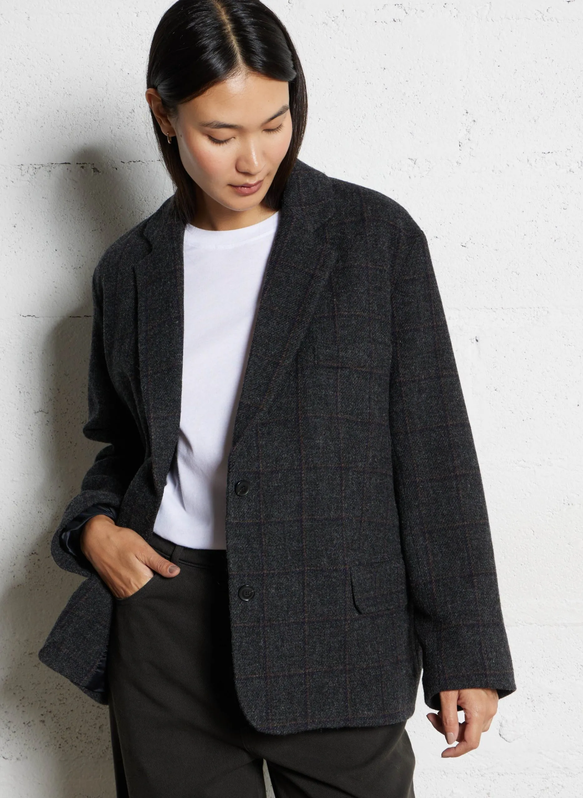 Veste oversize col tailleur à carreaux en laine vierge Noir LONDONAC