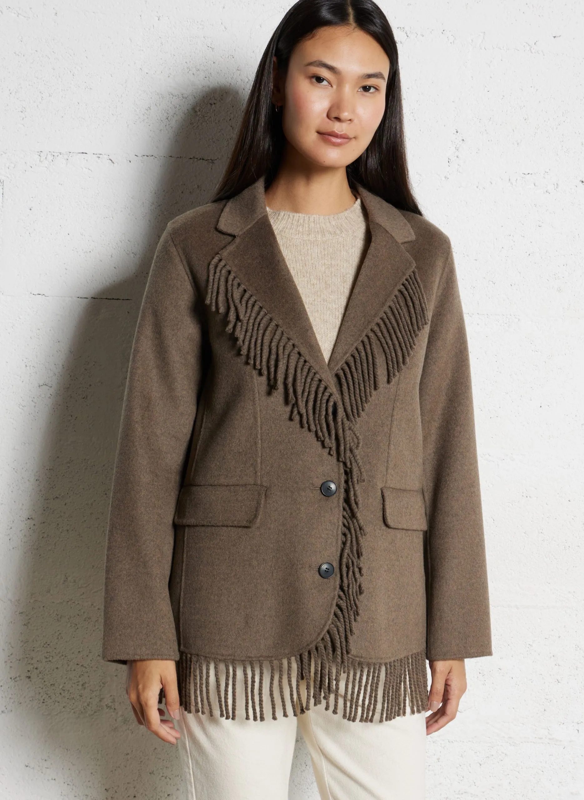 Manteau tailleur à franges en laine mélangée Marron VERMONT