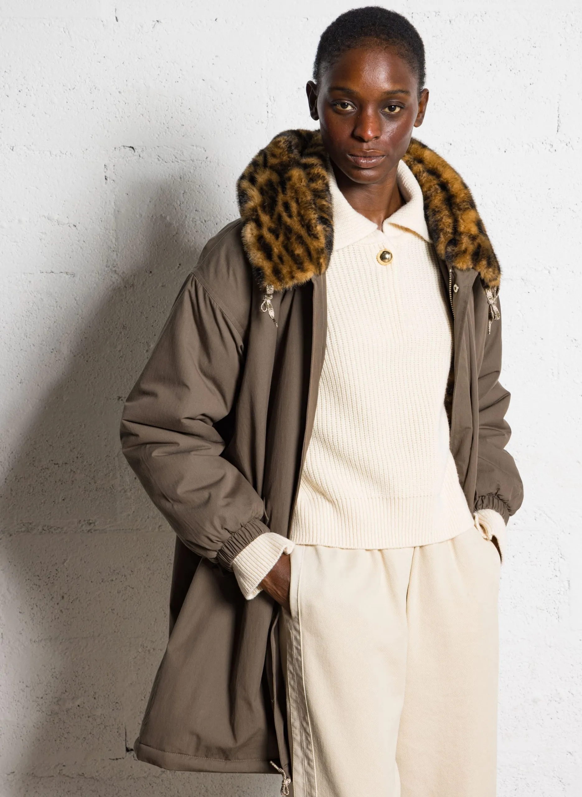 Manteau à capuche en coton mélangé Kaki LAOS