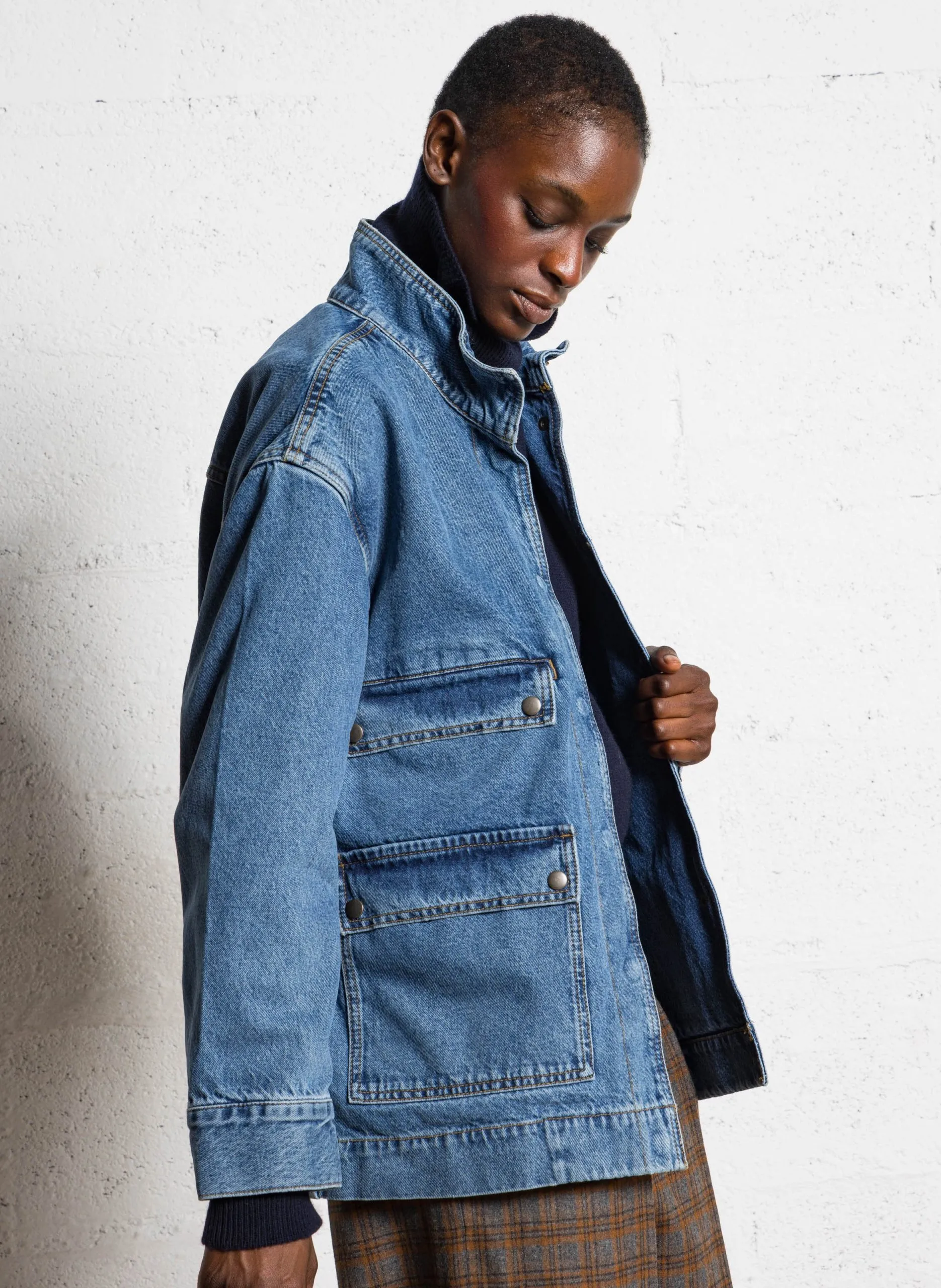 Veste col montant en denim de coton Bleu COLIN