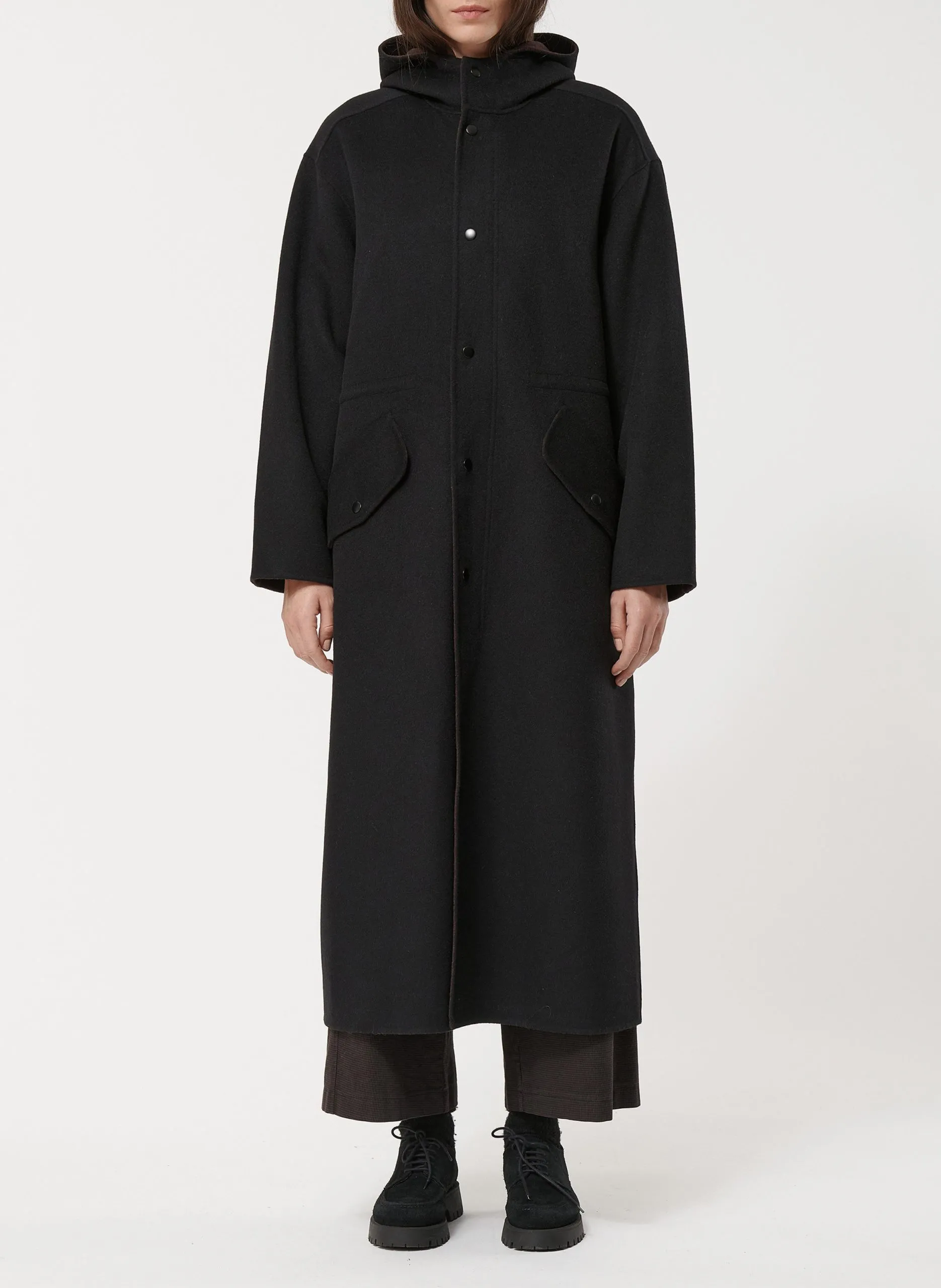 Manteau long à capuche en laine mélangée Noir