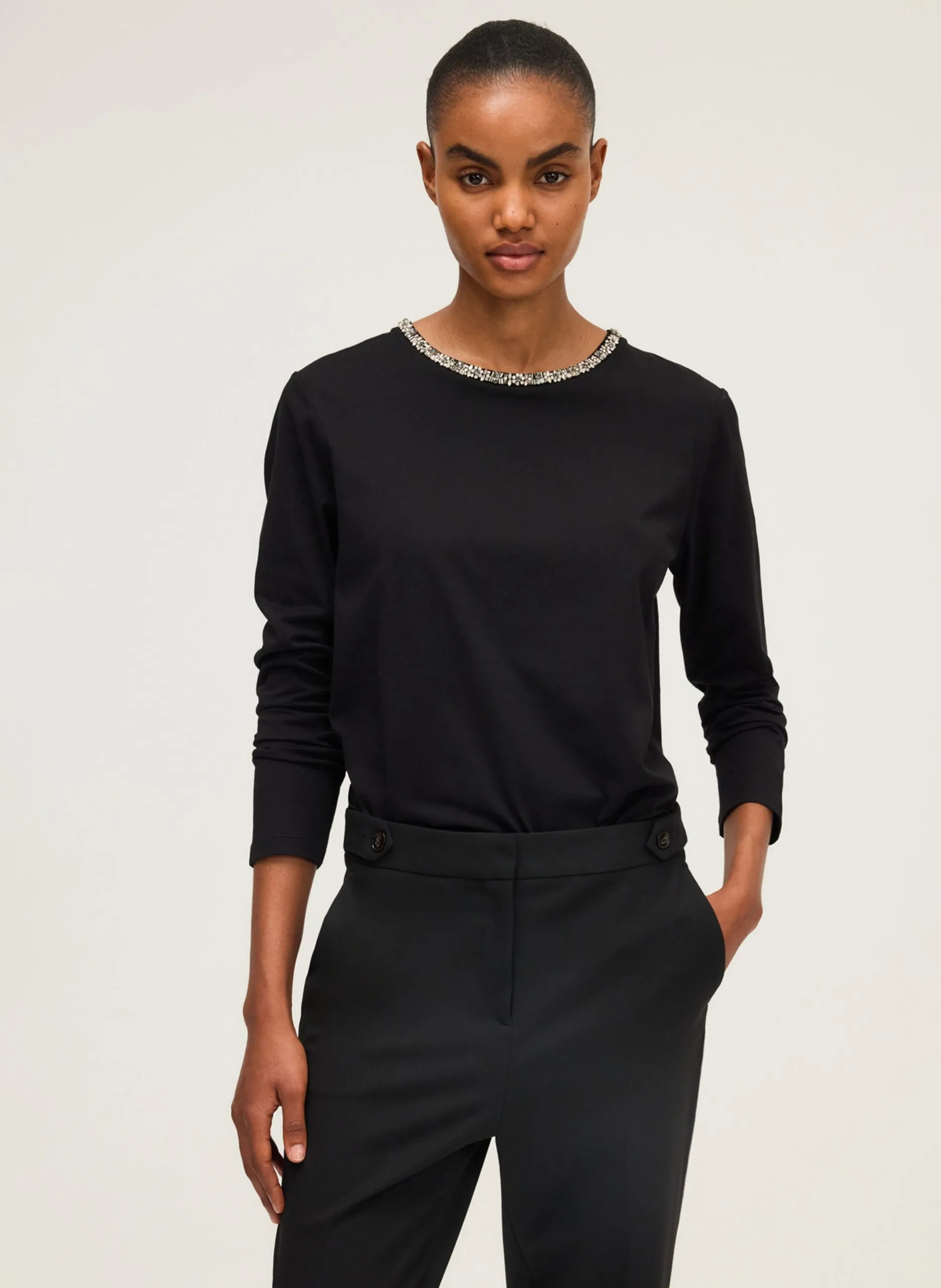 Tee-shirt droit col rond orné de strass en coton Noir HARRIETTE