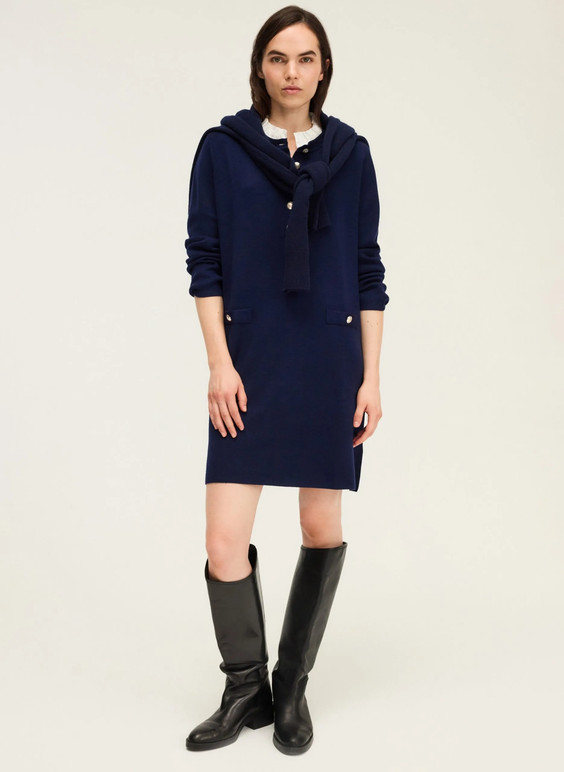 Robe courte col rond en laine mélangée Bleu LIDIA