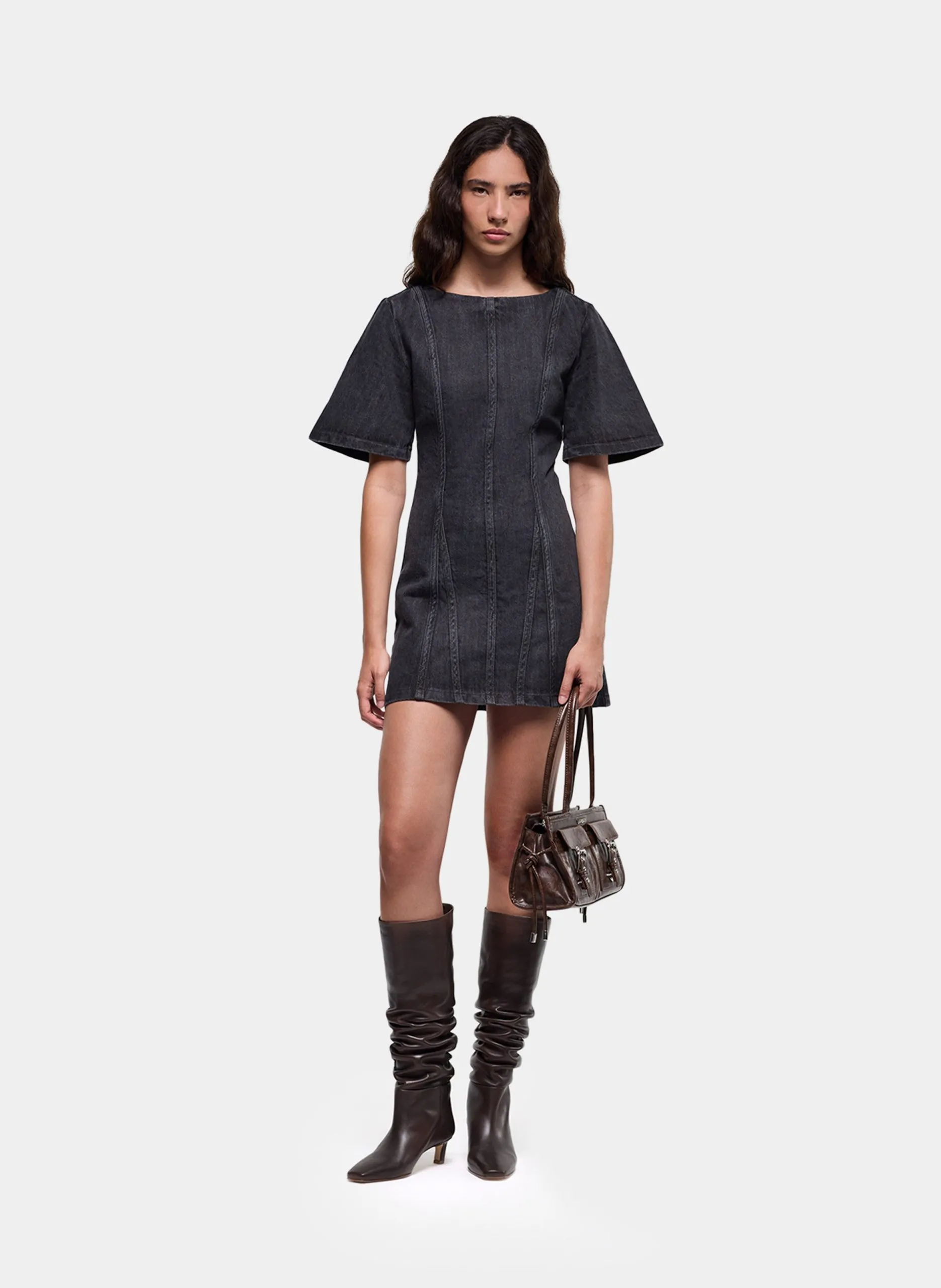 Robe courte col rond en denim Argent ROSETTE