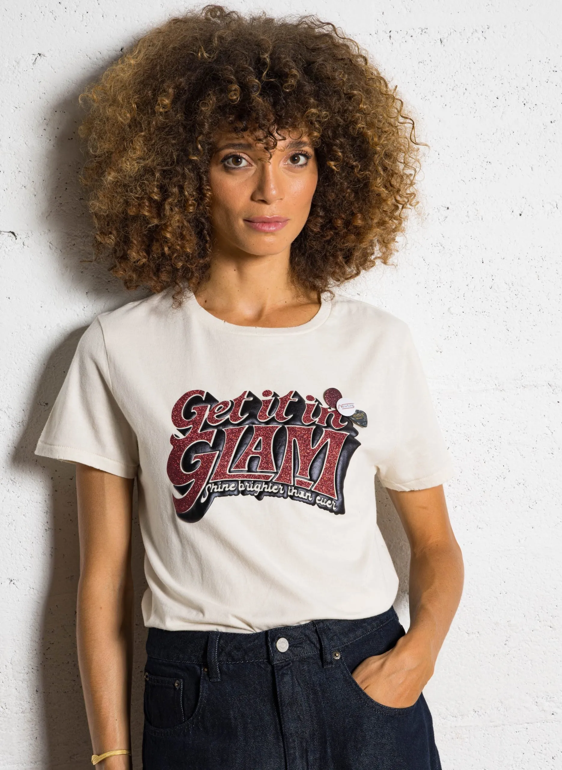 Tee-shirt droit col rond sérigraphié en coton Beige TSSBRIG