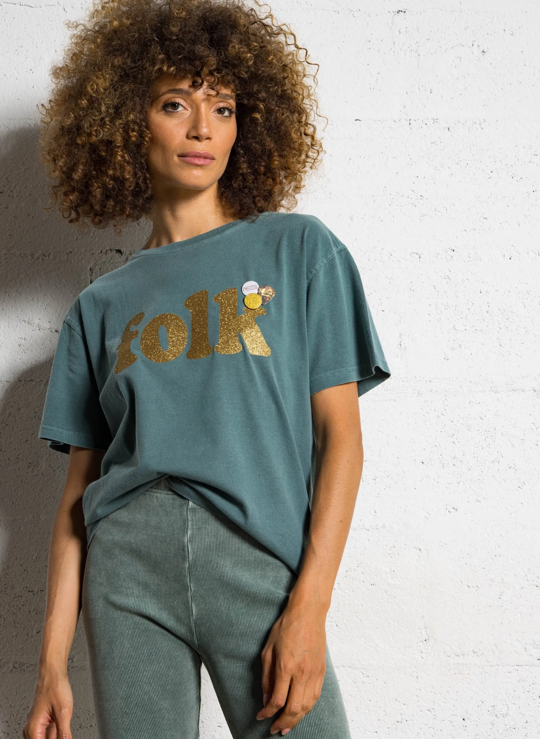 Tee-shirt col rond sérigraphié en coton Vert FOLK