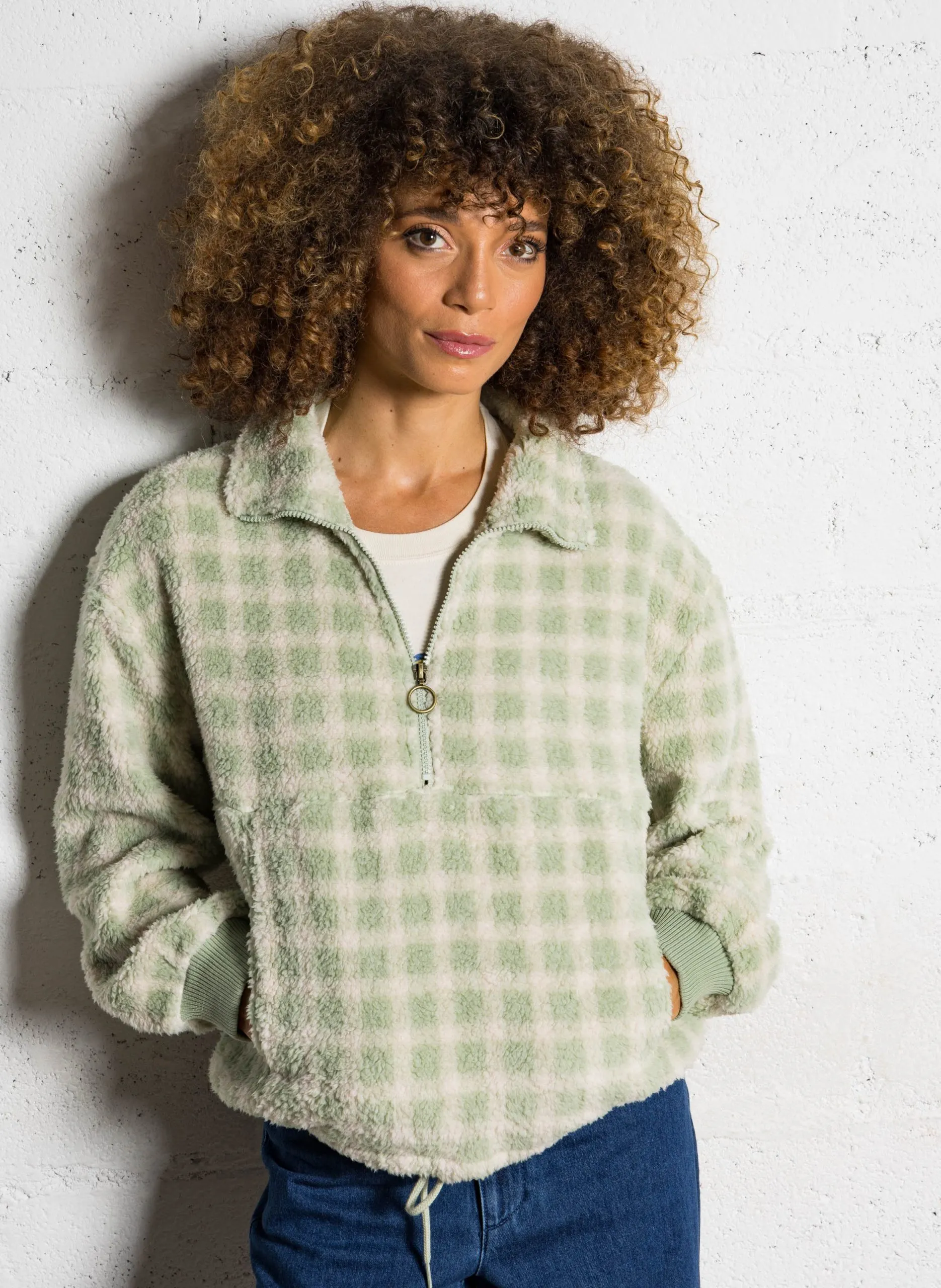 Sweat col montant à carreaux Vert TIME OFF