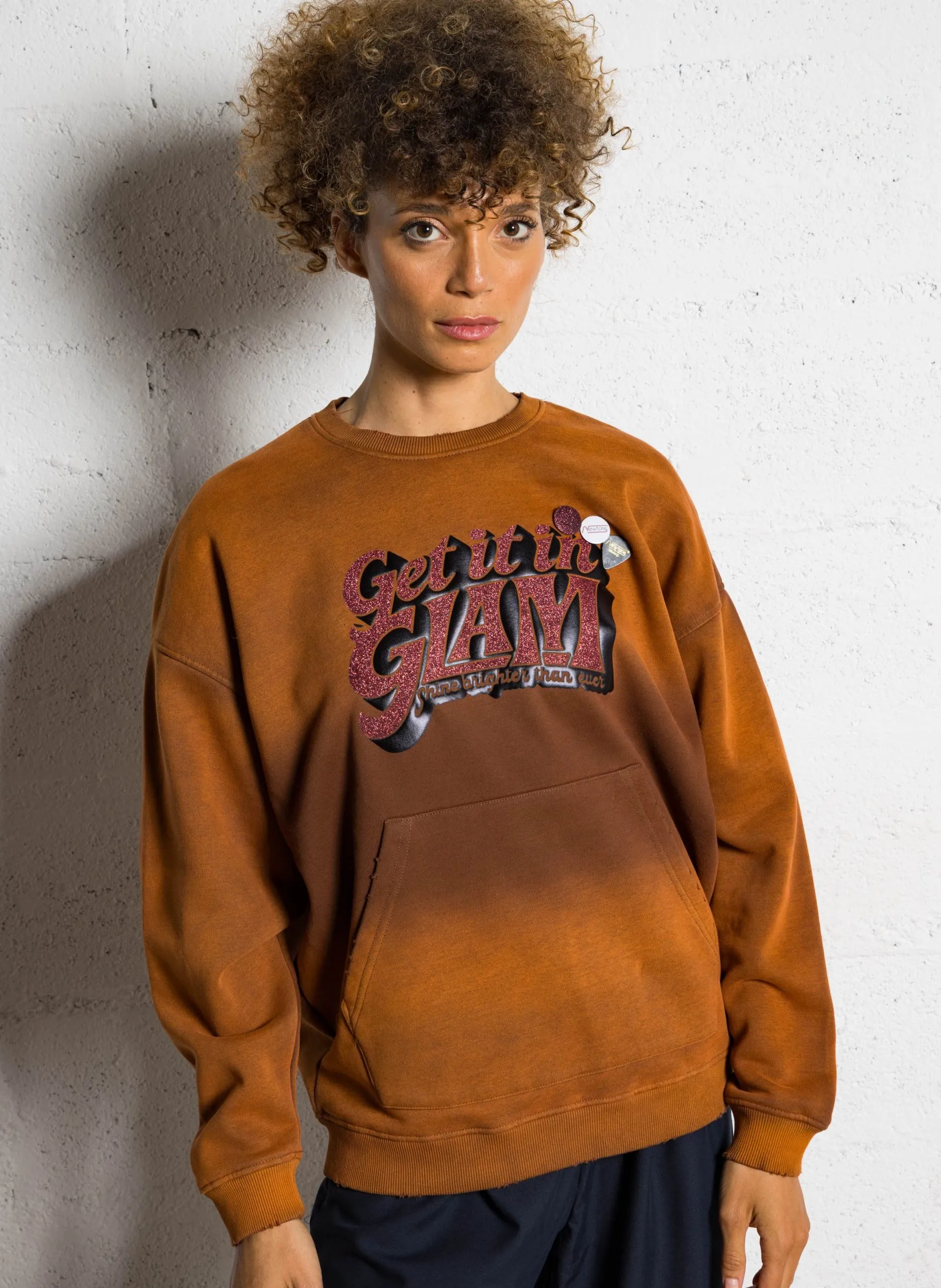 Sweat ample col rond sérigraphié en coton mélangé Marron SWPBRIG