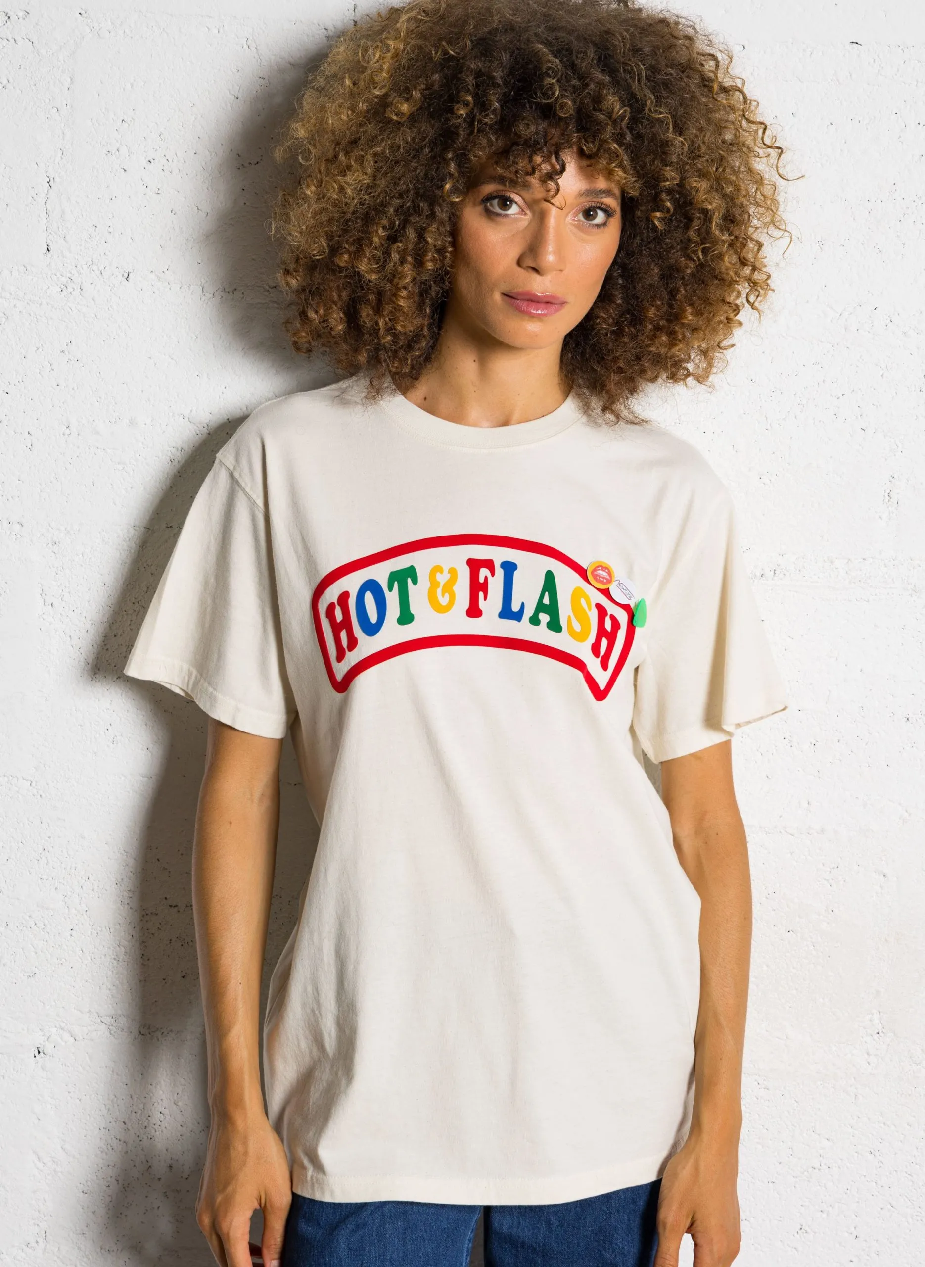 Tee-shirt droit col rond sérigraphie velours en coton Beige TSTHOT