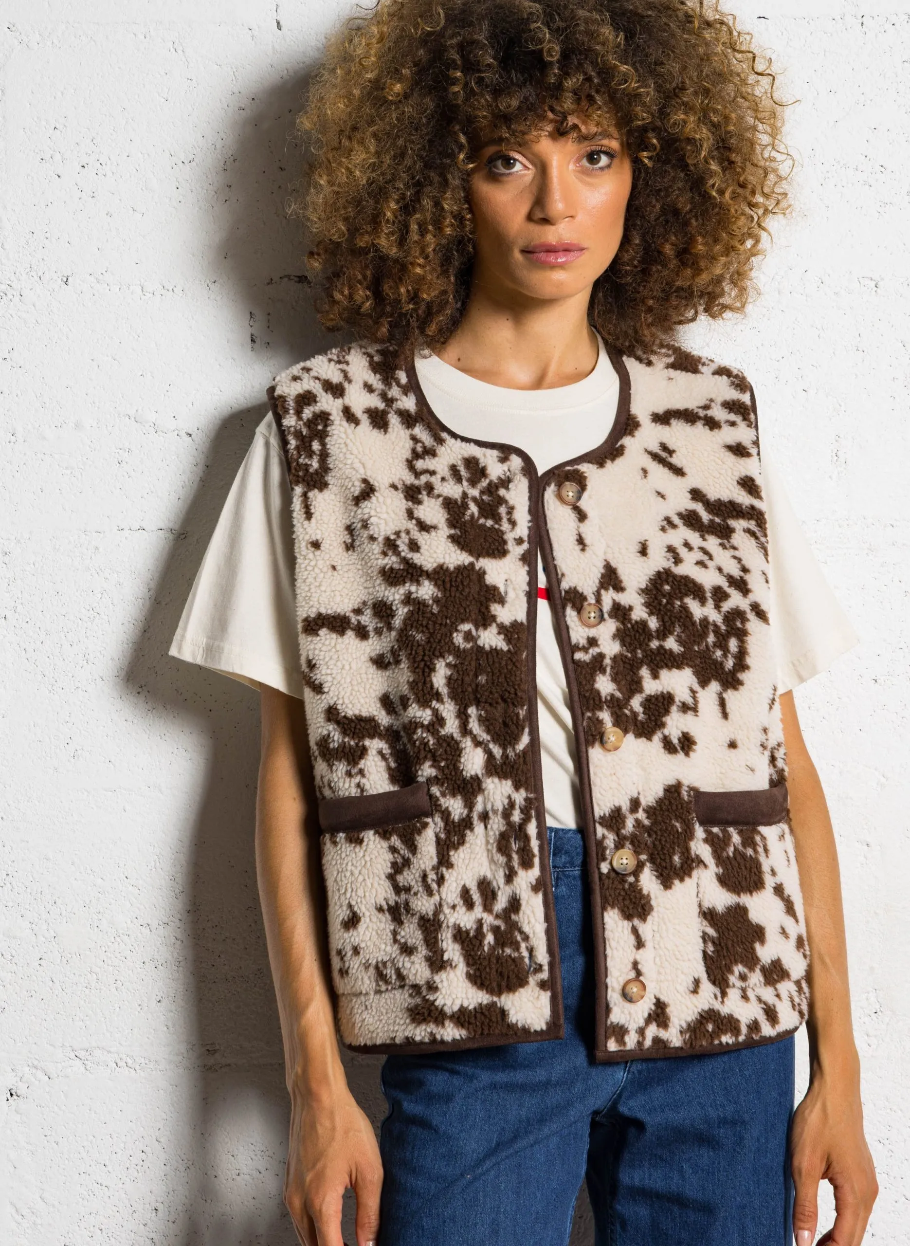 Gilet droit col rond molletonné Marron BARNEY