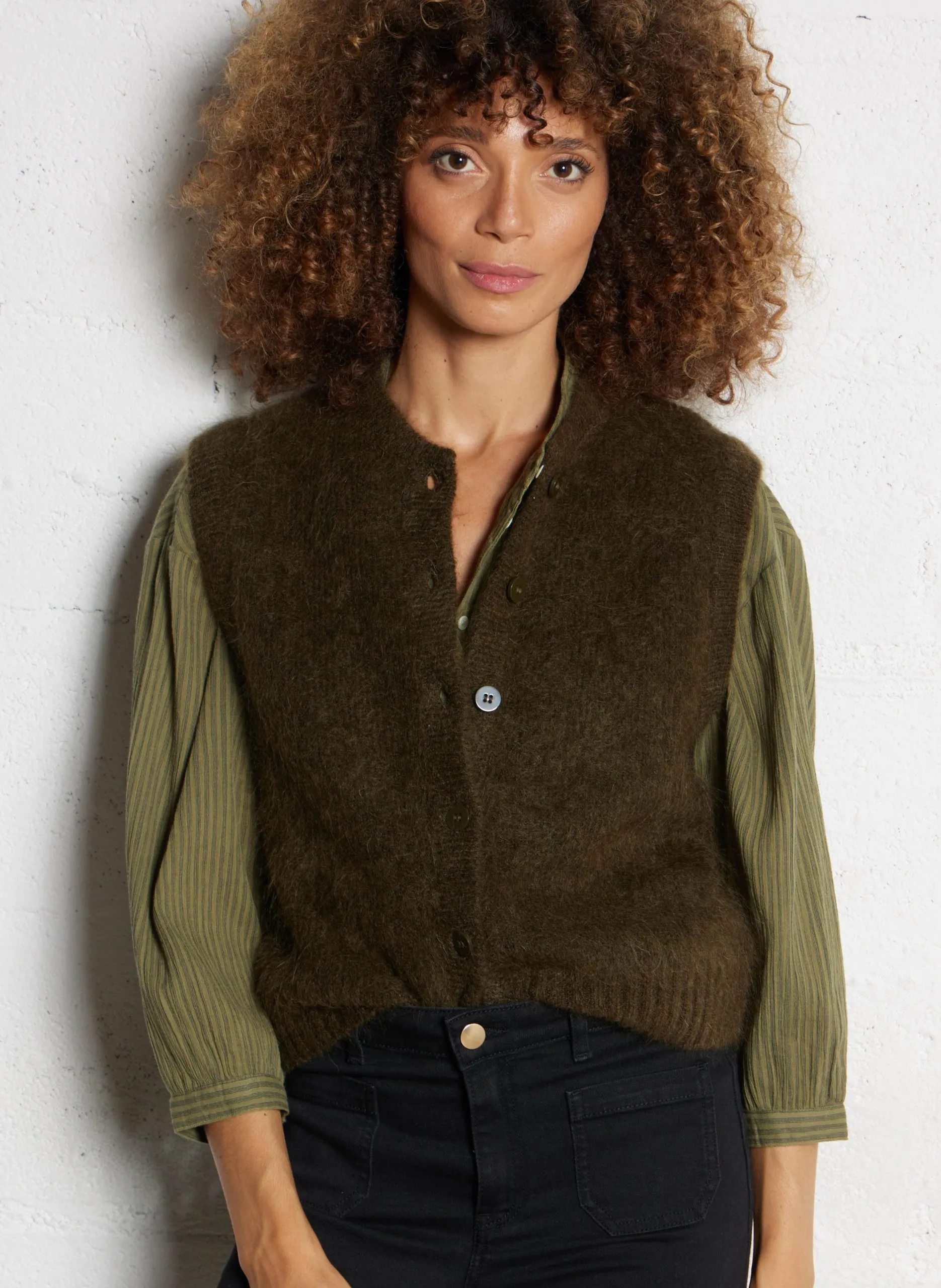 Gilet droit en mohair mélangé Kaki LOULOU