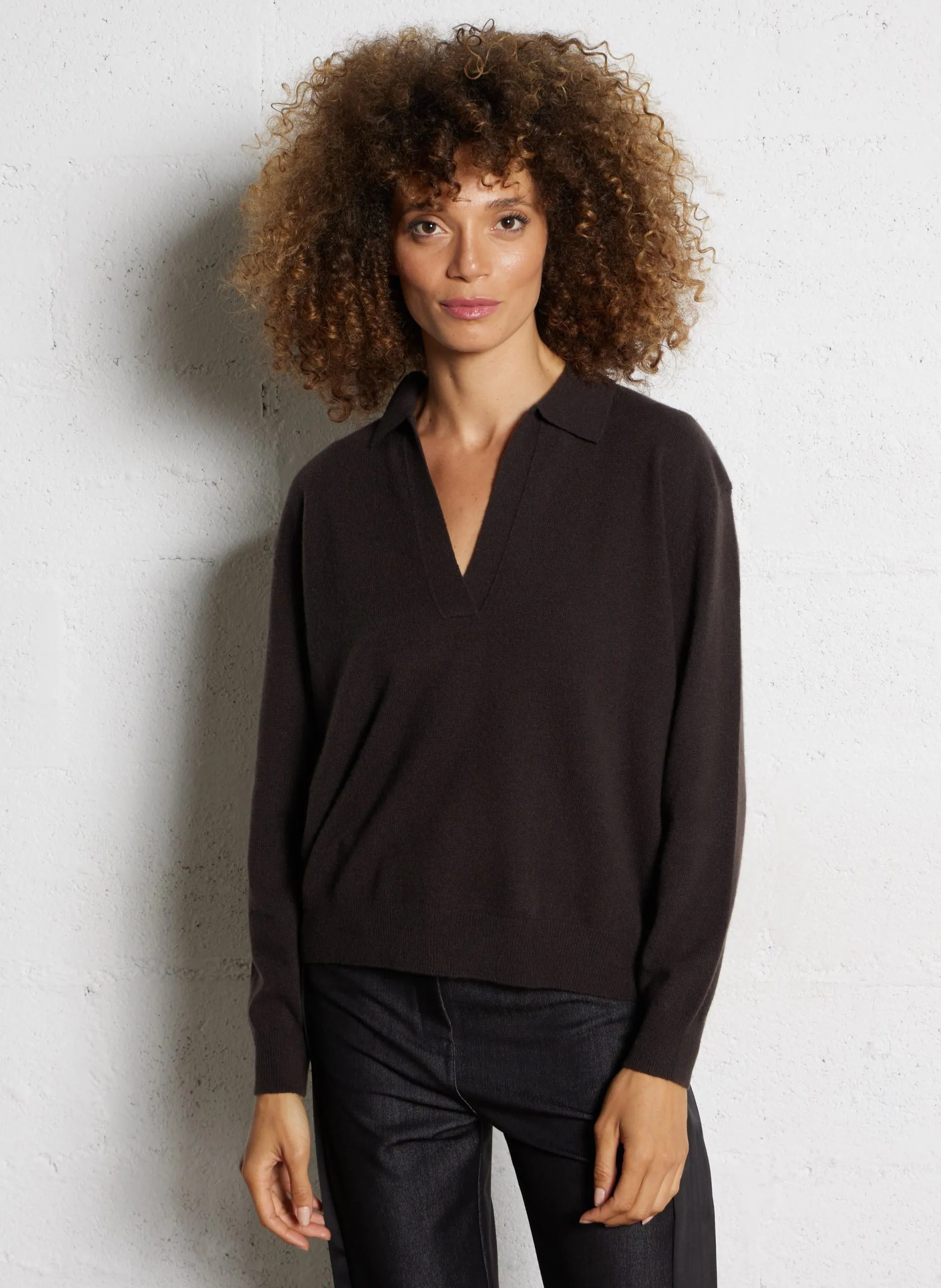 Polo manches longues en cachemire Marron