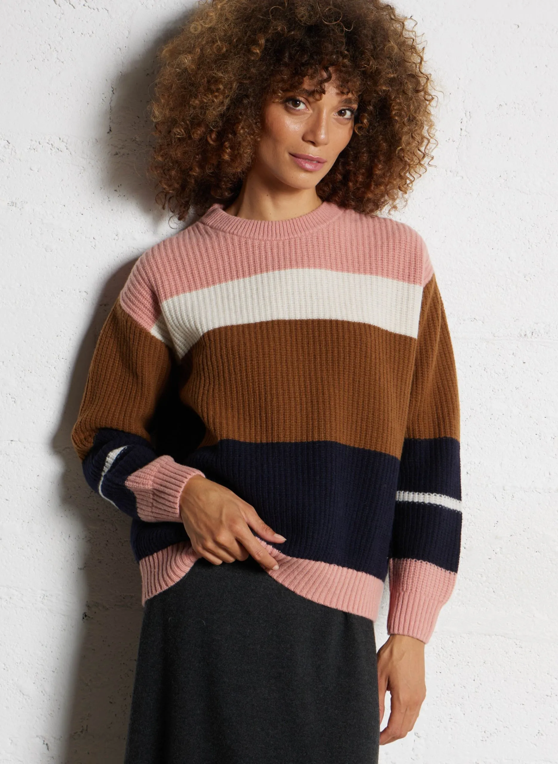 Pull col rond rayé en laine mélangée Marron DEAUVILLE