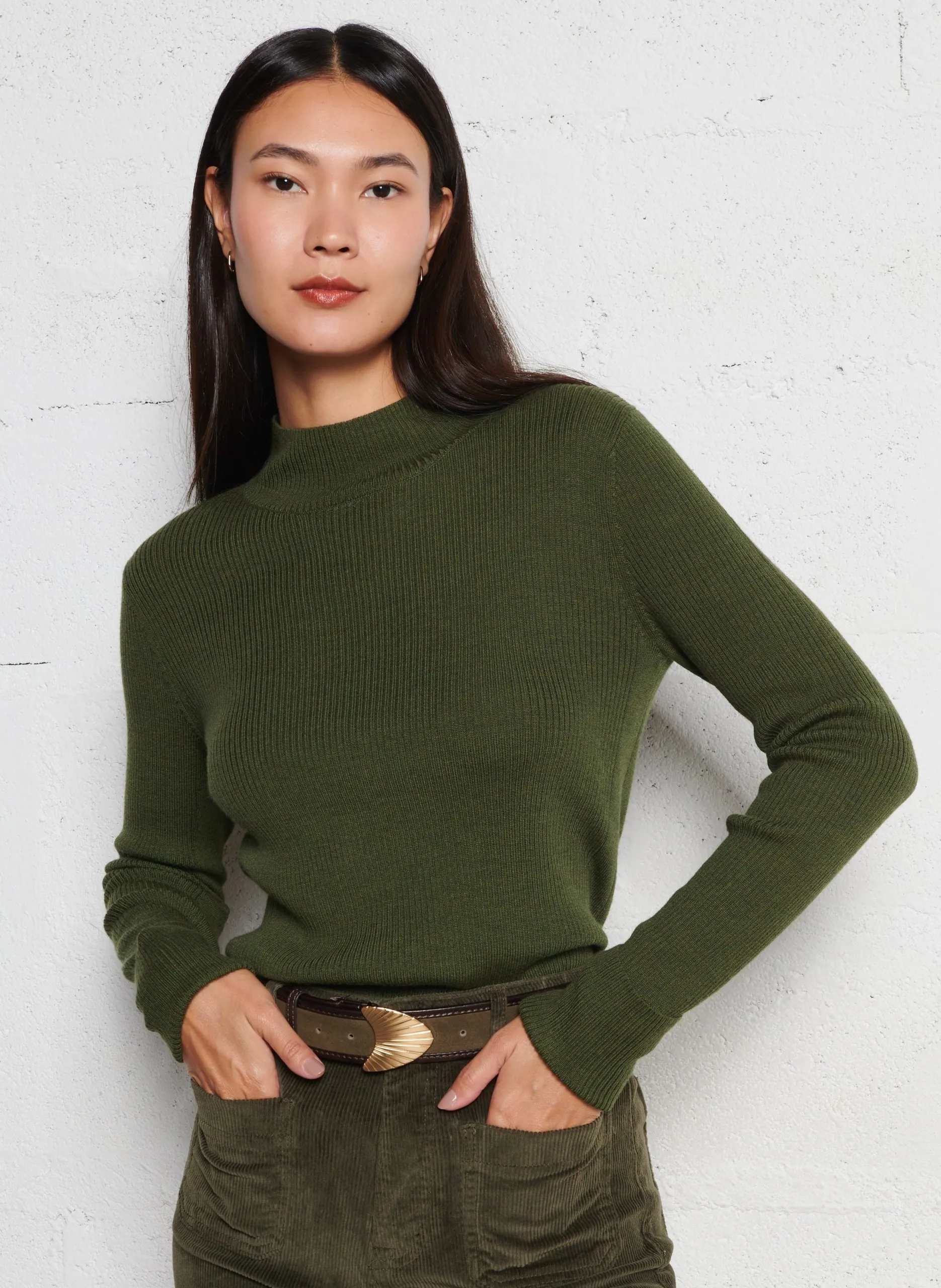 Pull ajusté col montant en laine Kaki OLIN