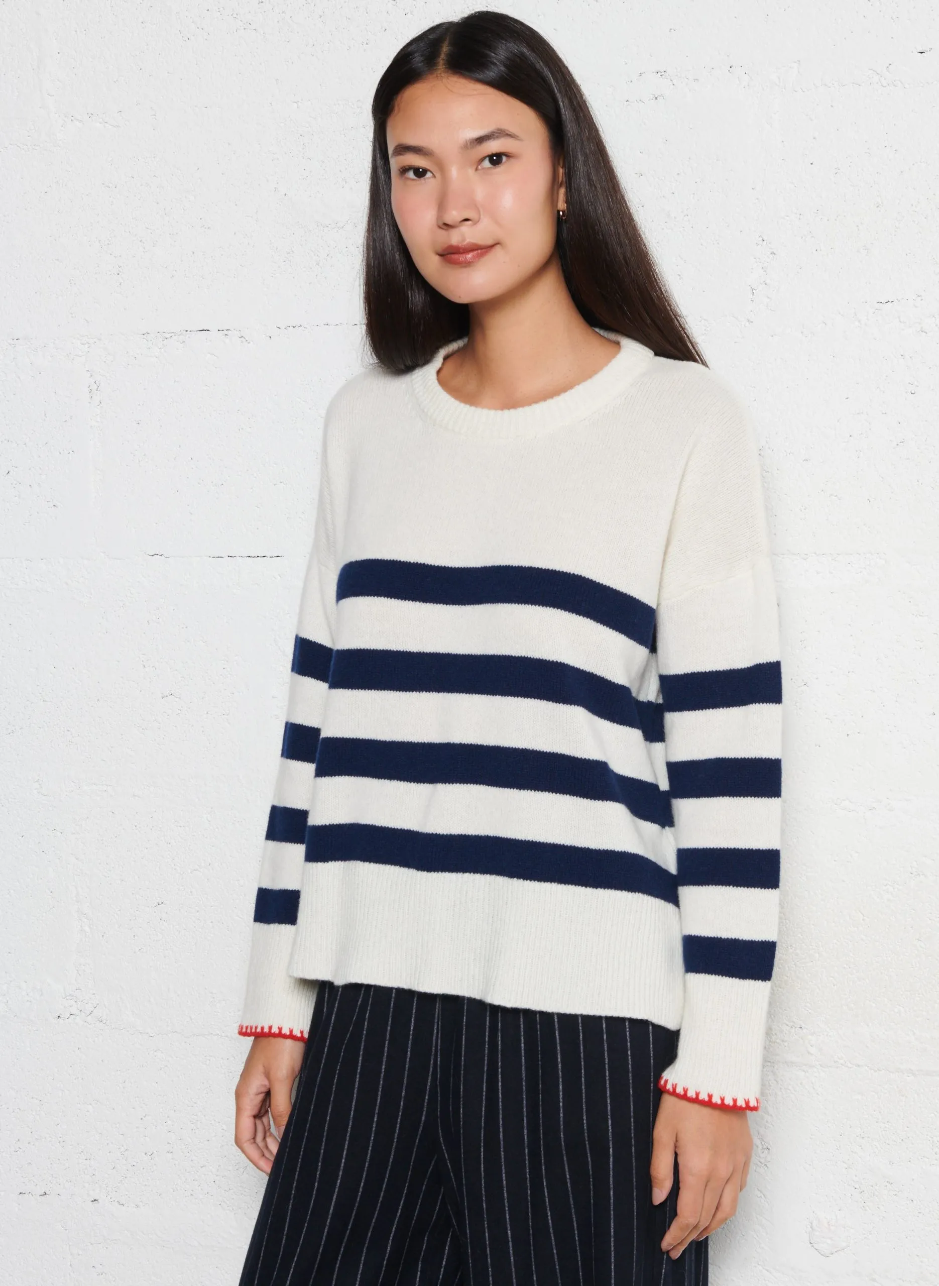 Pull ample col rond rayé en laine et cachemire Blanc BETHY