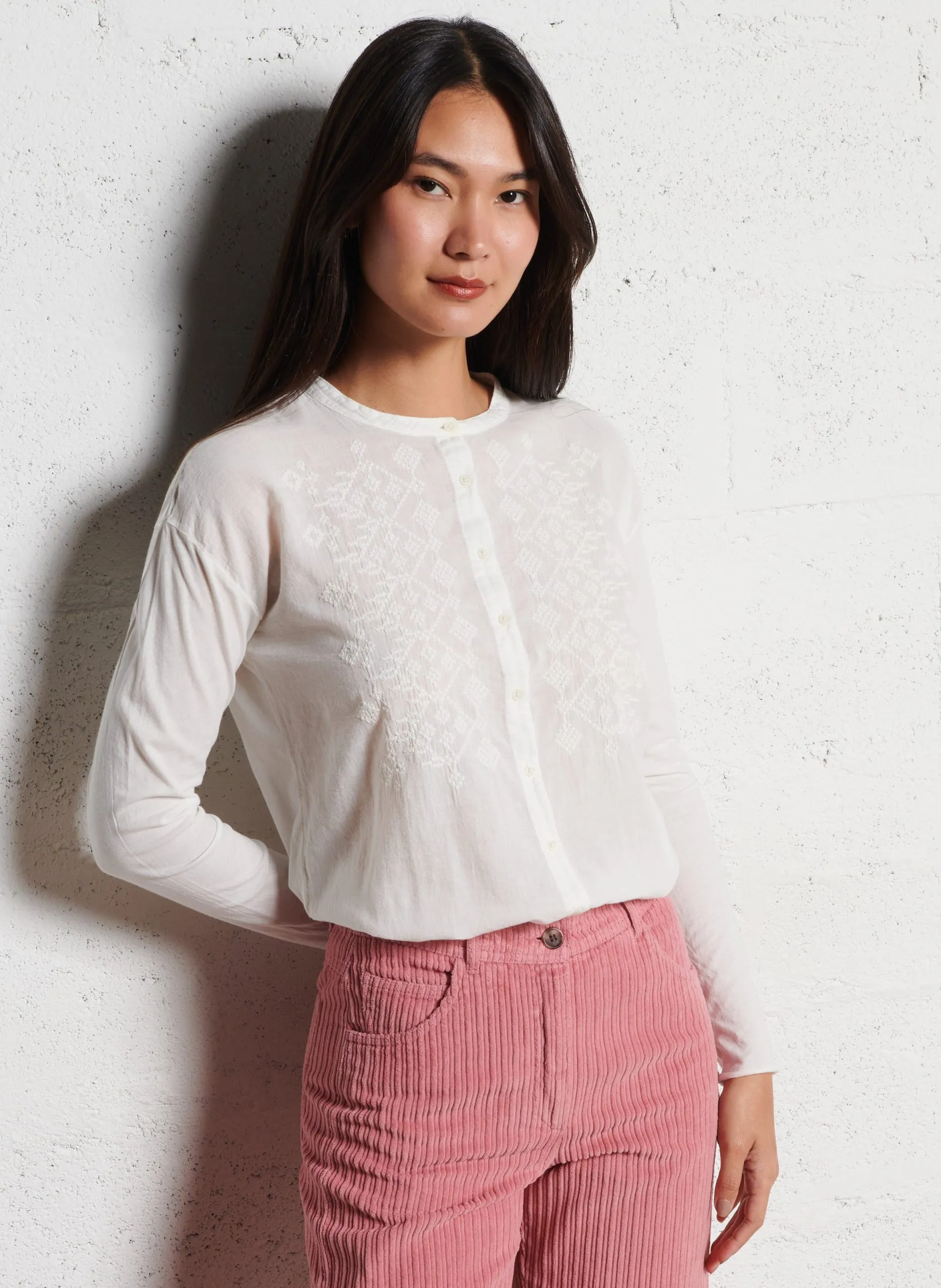 Chemise droite col rond en coton Blanc TAORA