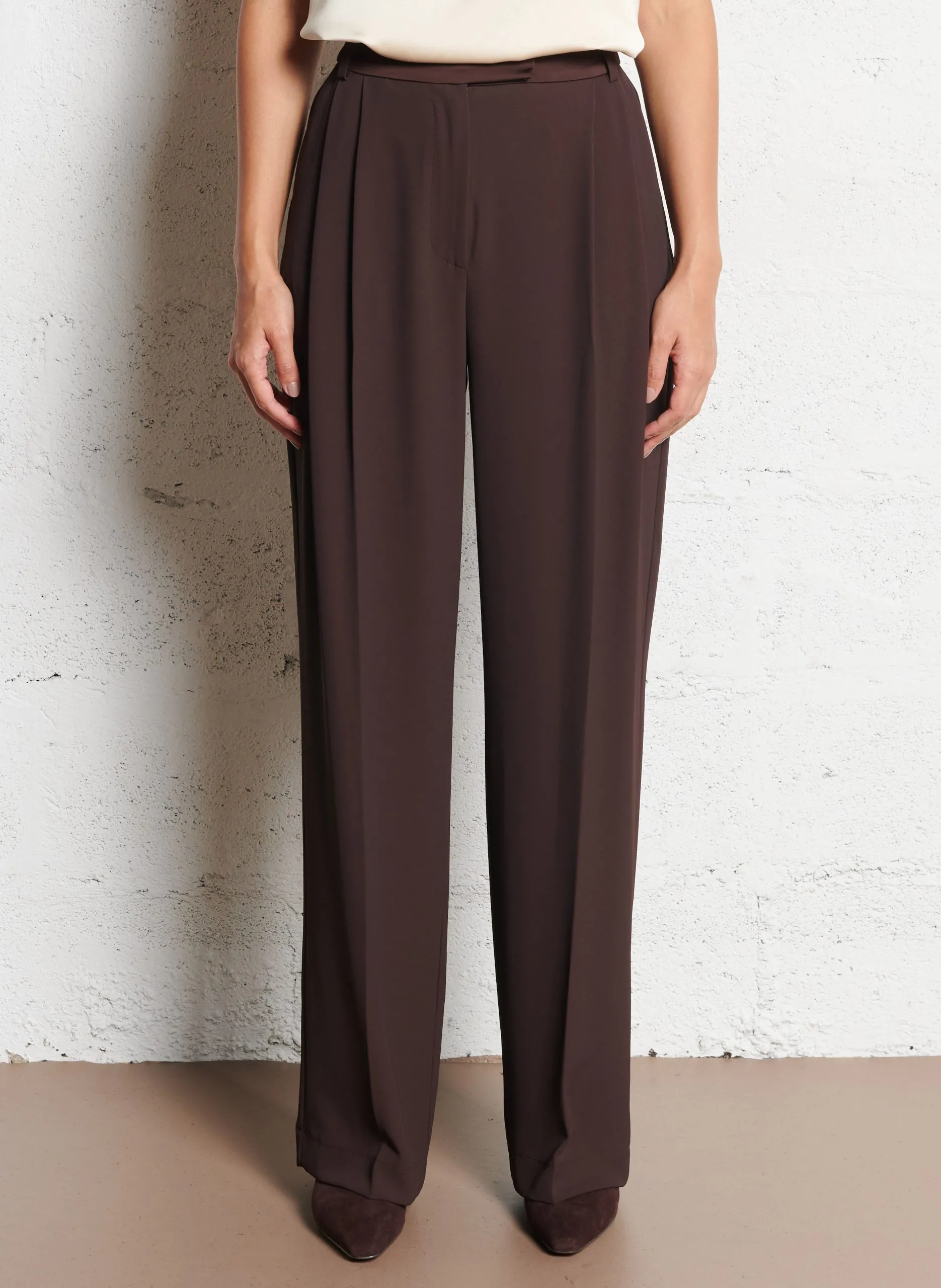 Pantalon taille haute large uni Marron