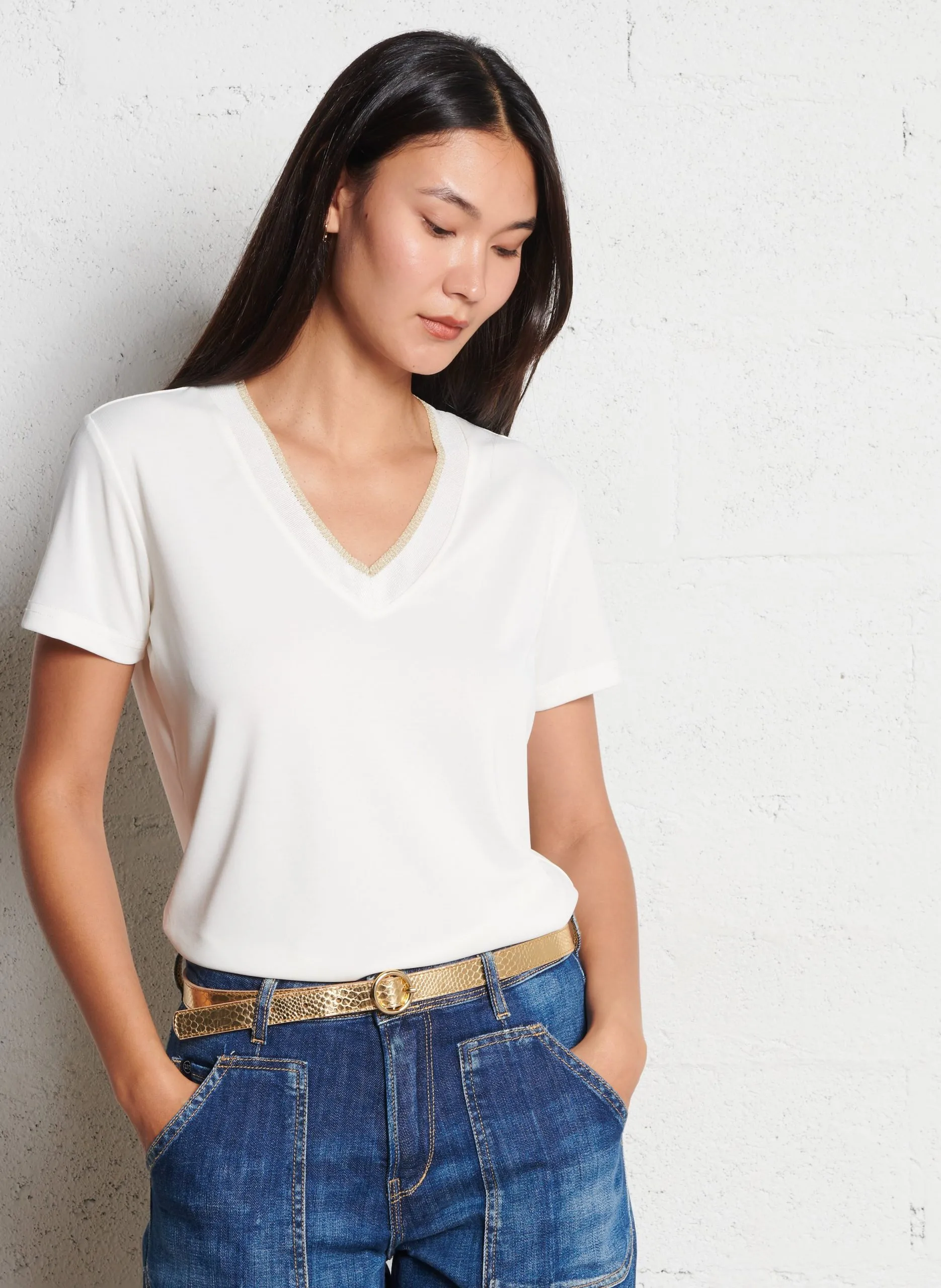 Tee-shirt col V en coton mélangé Blanc FUKA