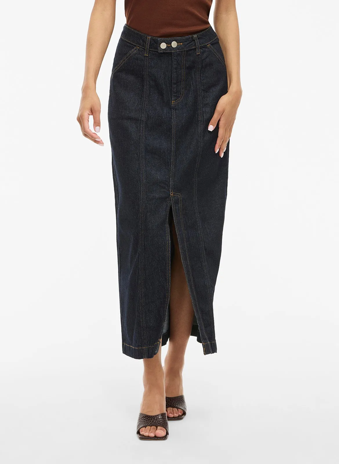 Jupe midi en denim de coton mélangé Bleu JAF