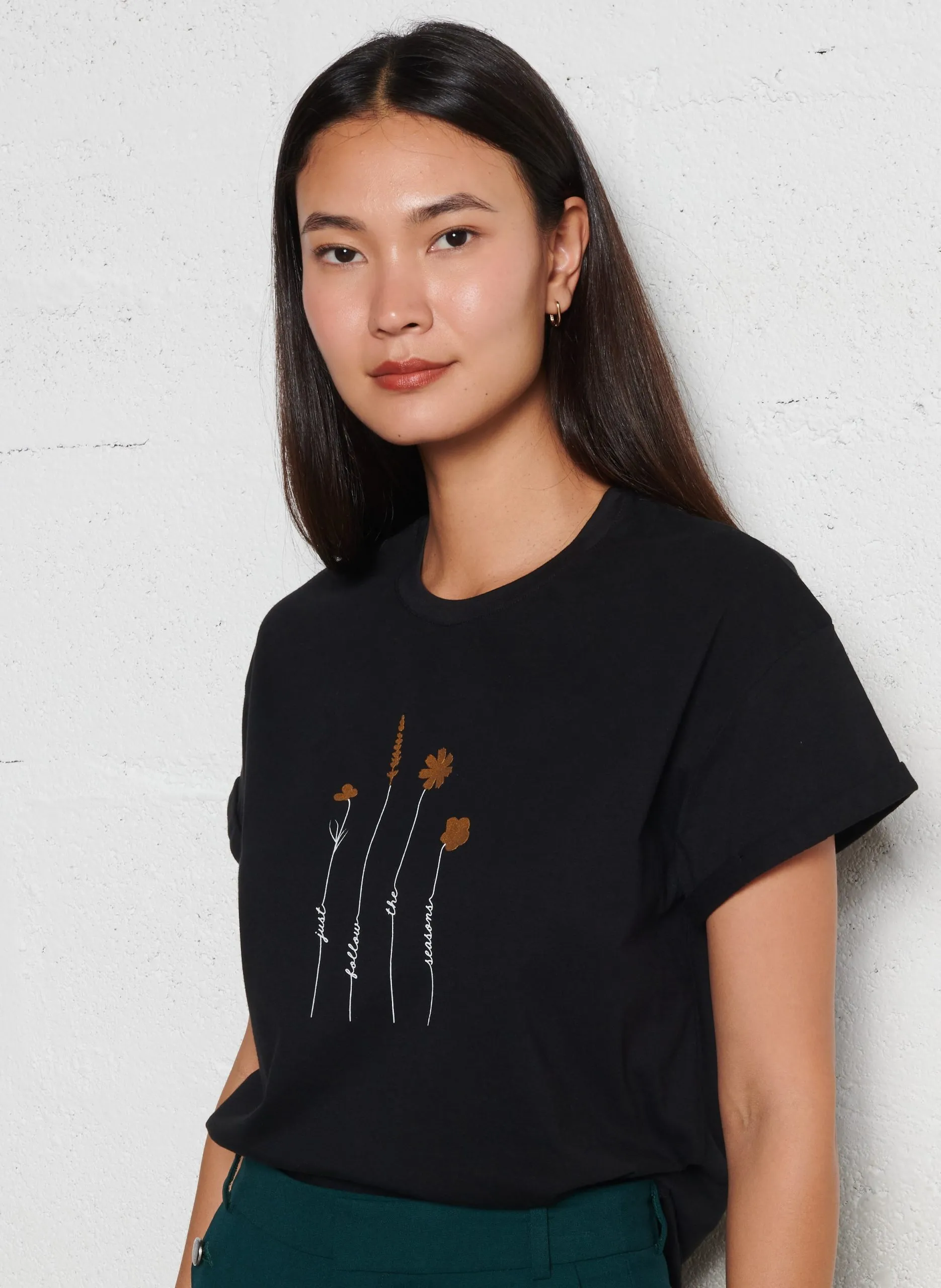 Tee-shirt droit col rond sérigraphié en coton Noir