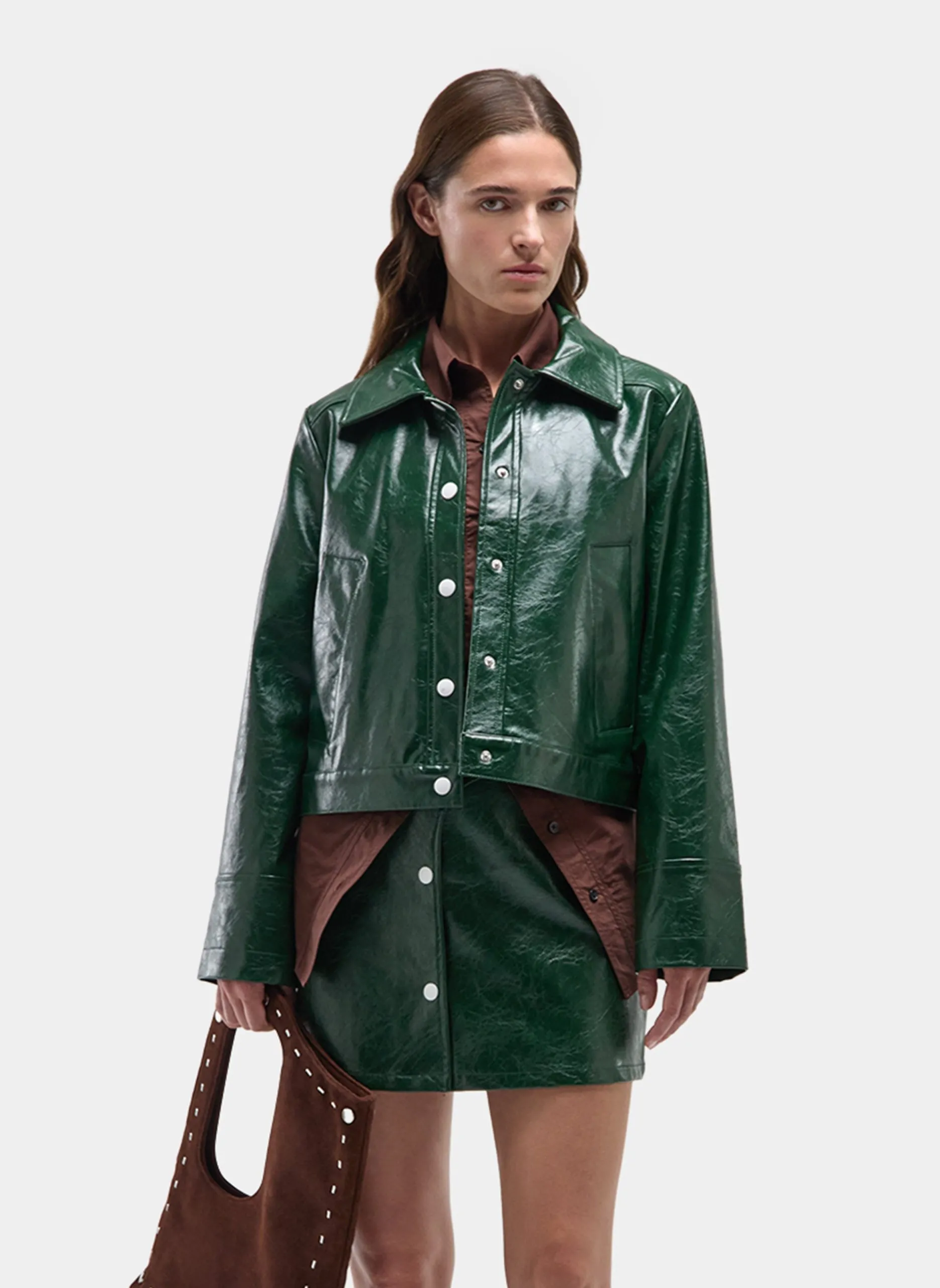 Veste courte boutonnée effet cuir verni Vert LENA