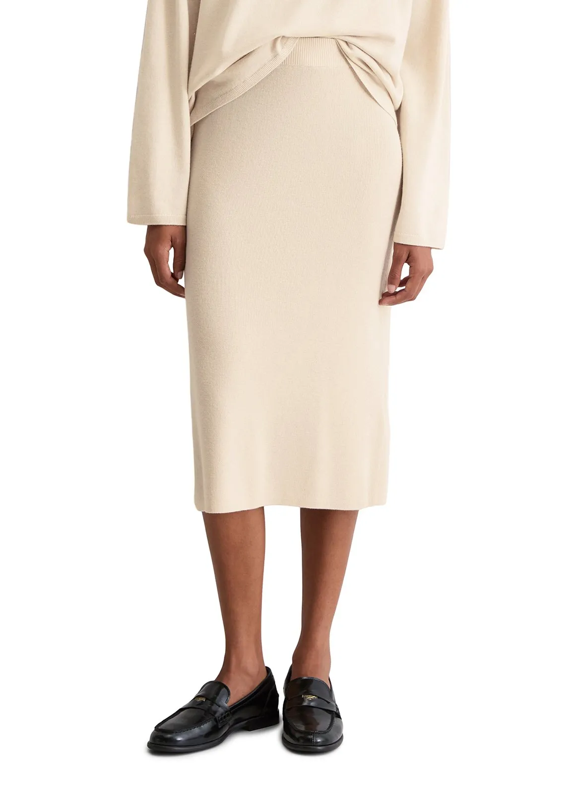 Jupe midi droite unie en laine mélangée Beige