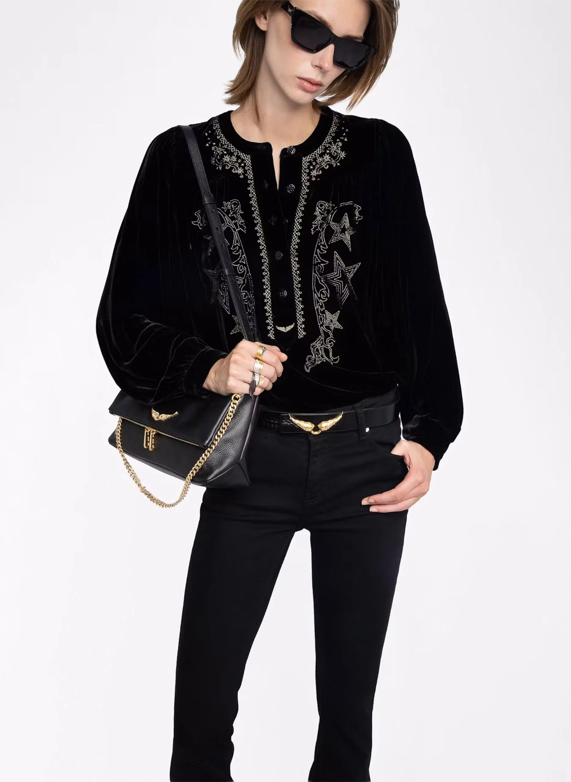 Blouse en velours brodéee col rond Noir TIGY