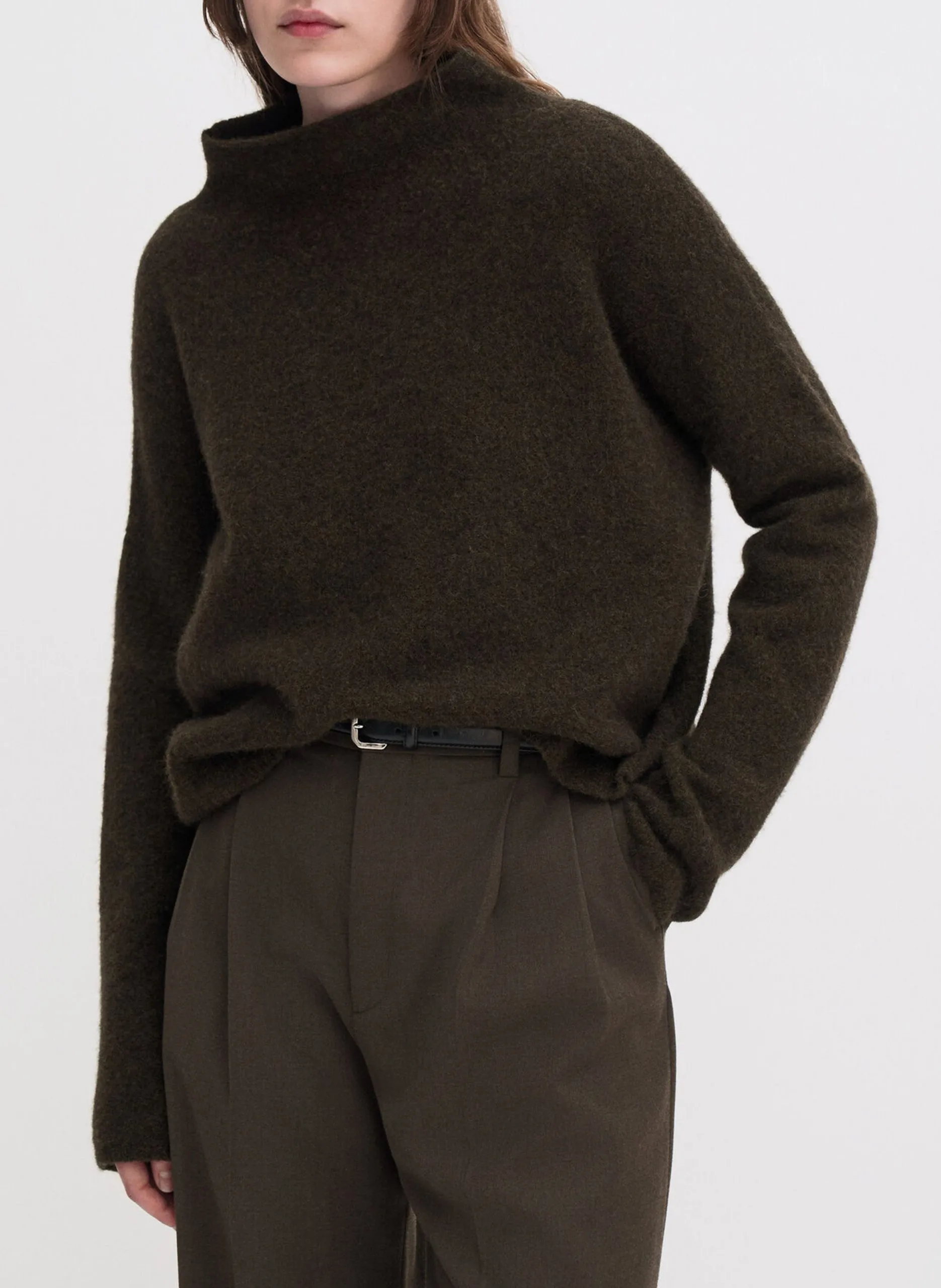 Pull col montant en laine mélangée Kaki MIKA