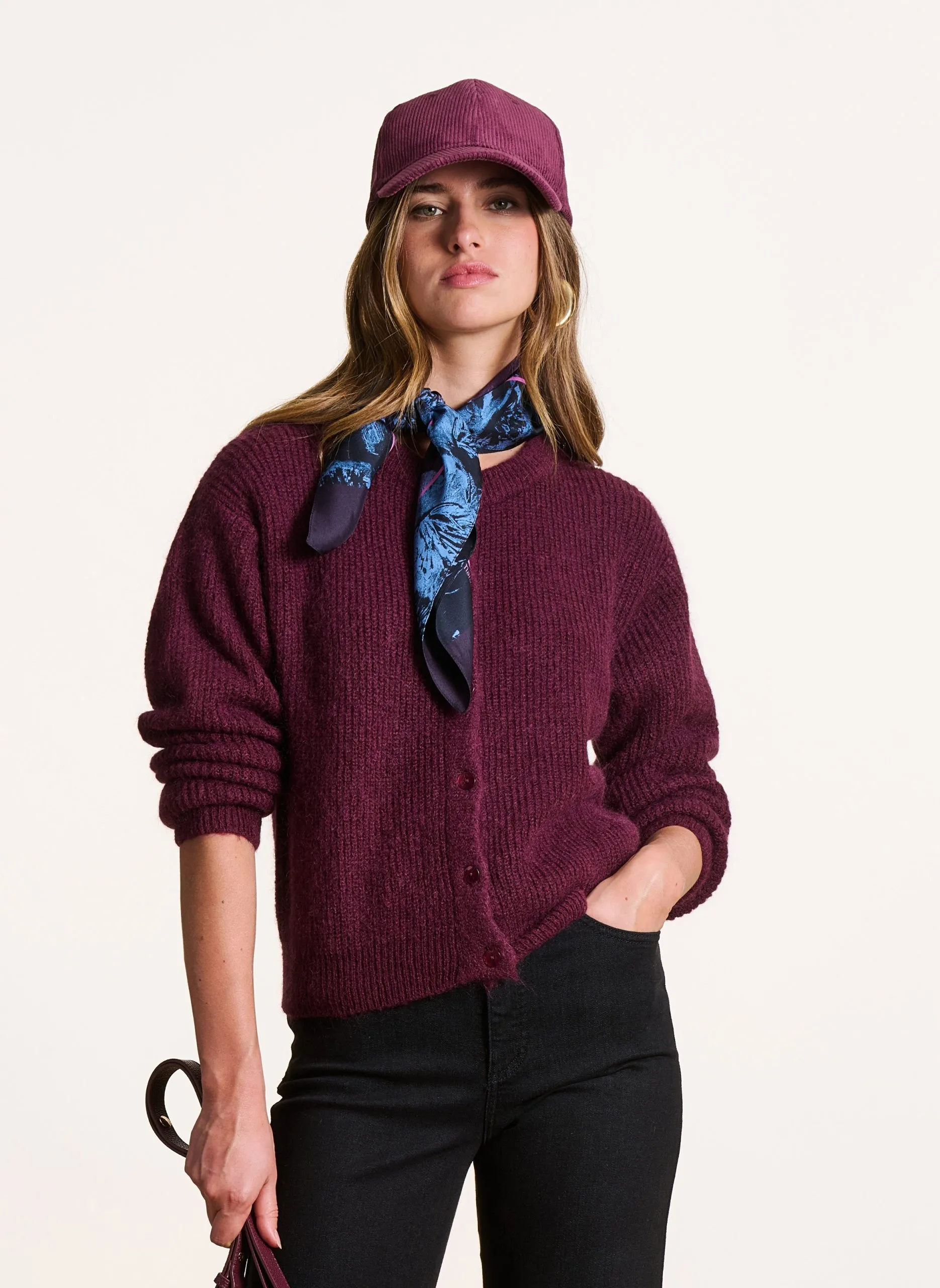 Gilet ample col rond en maille mélangée Violet