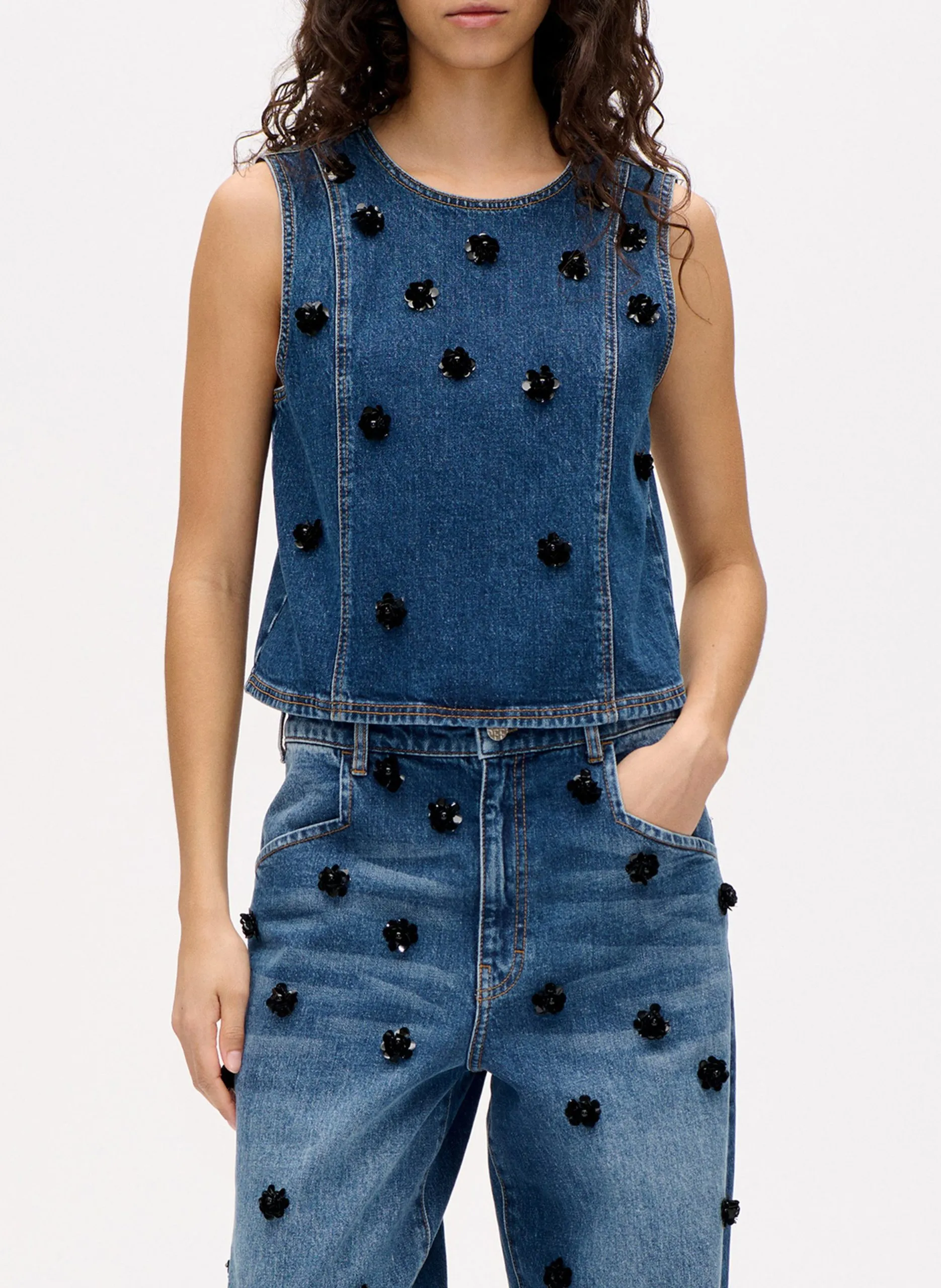 Jean large taille haute en coton bio mélangé Bleu NARANE