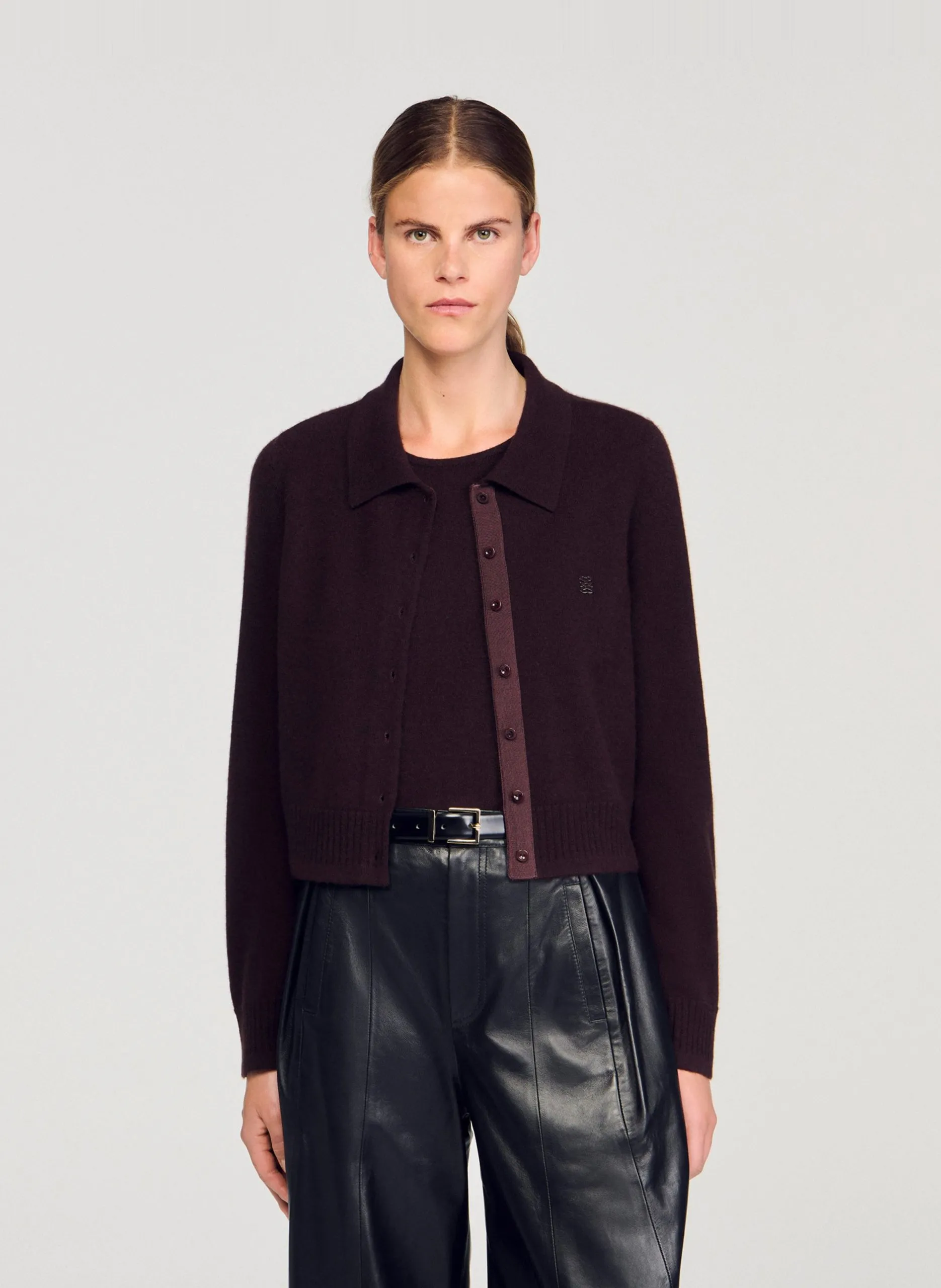 Cardigan droit col classique en laine et cachemire Marron