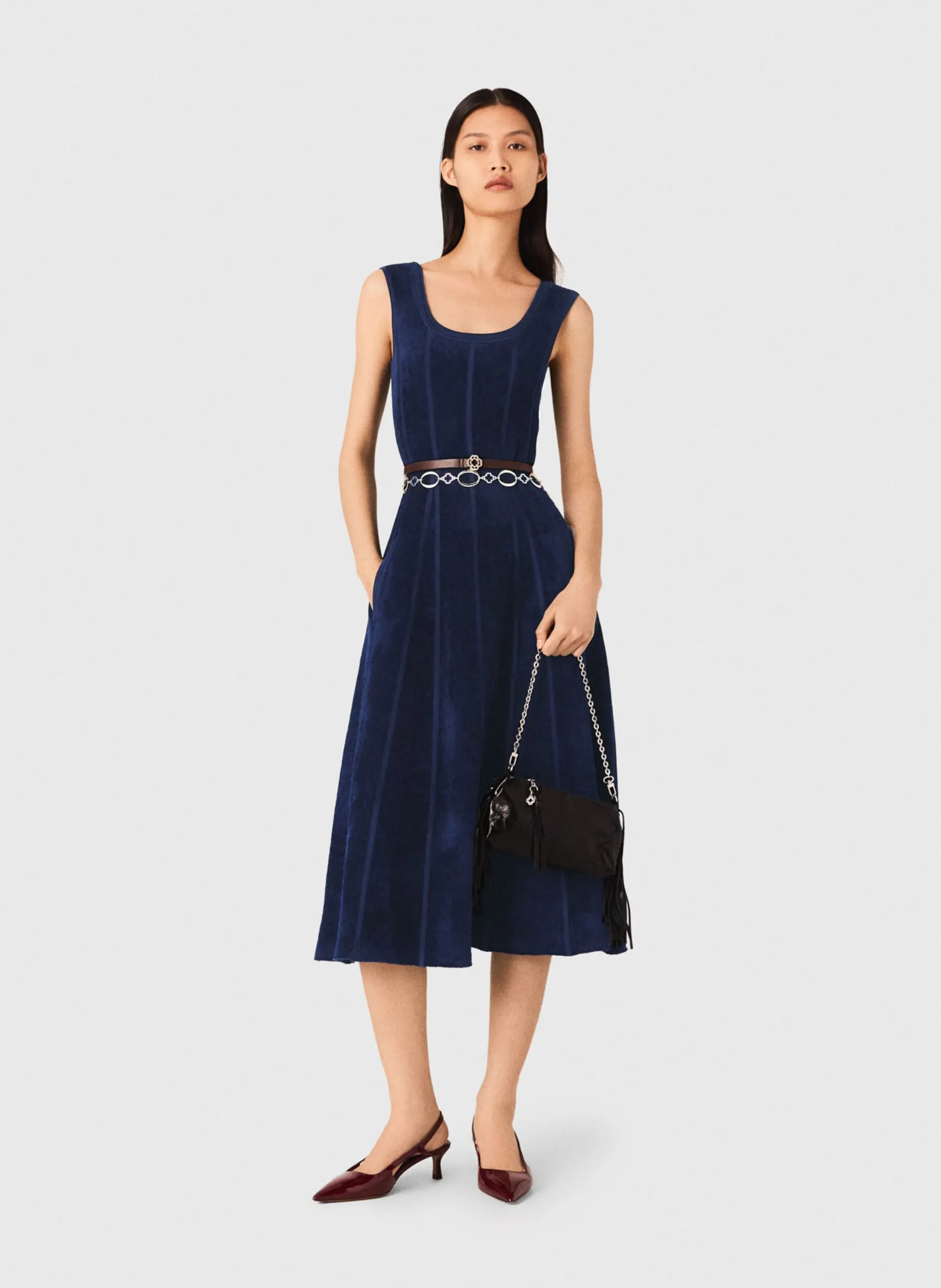 Robe midi évasée en maille velours Bleu