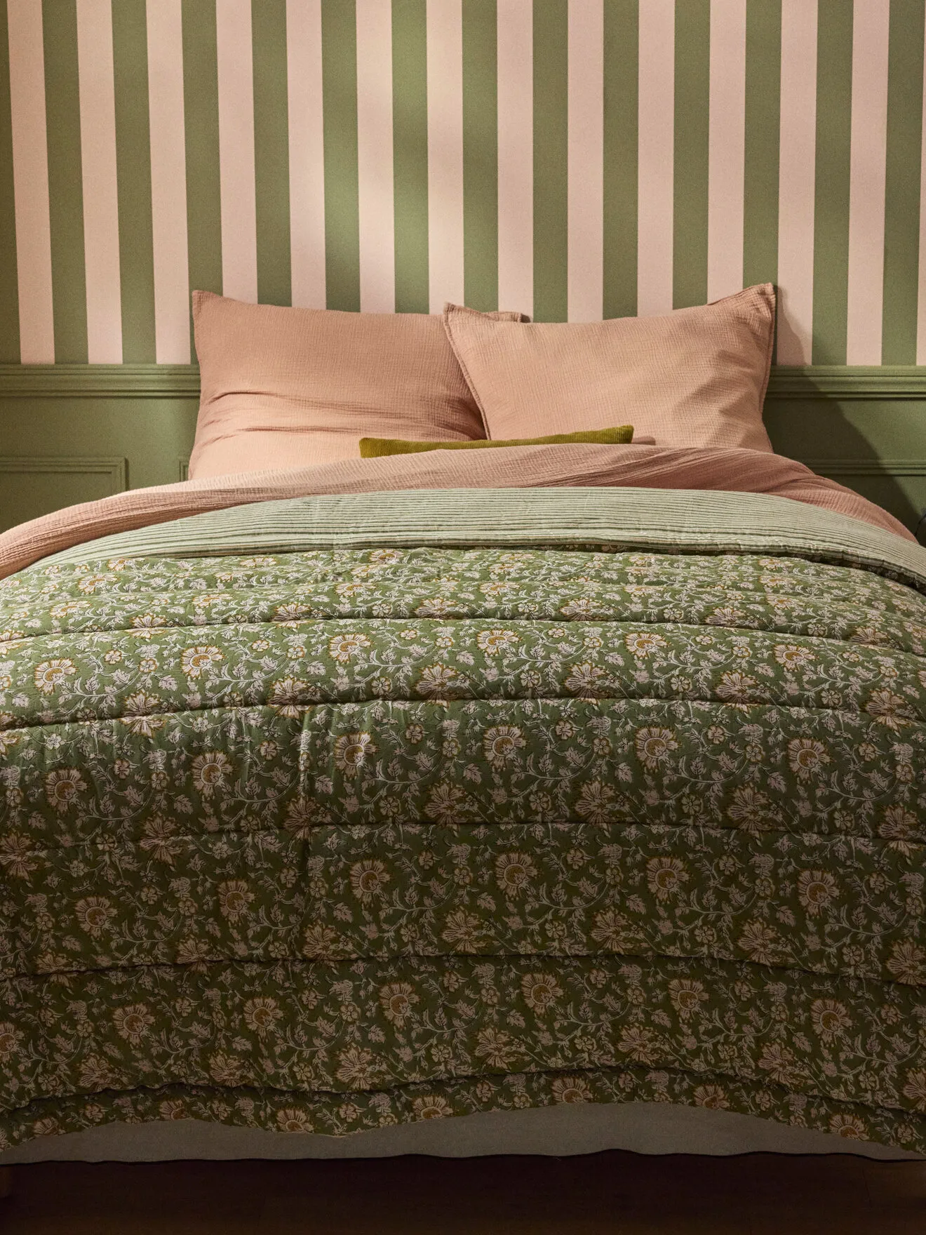 Boutis réversible tissu indien et rayures Vert