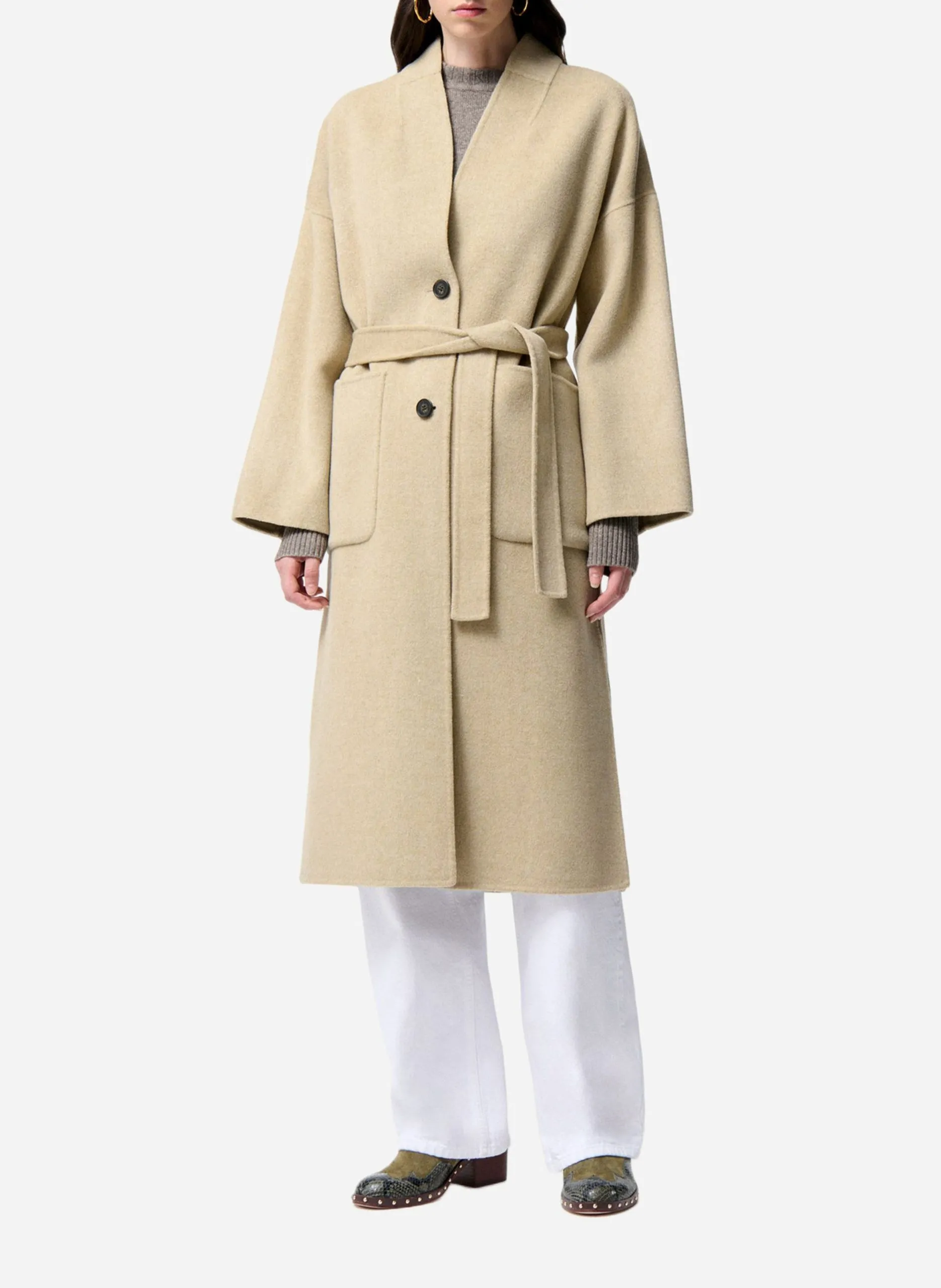 Manteau col V en laine mélangée Beige BACHIR