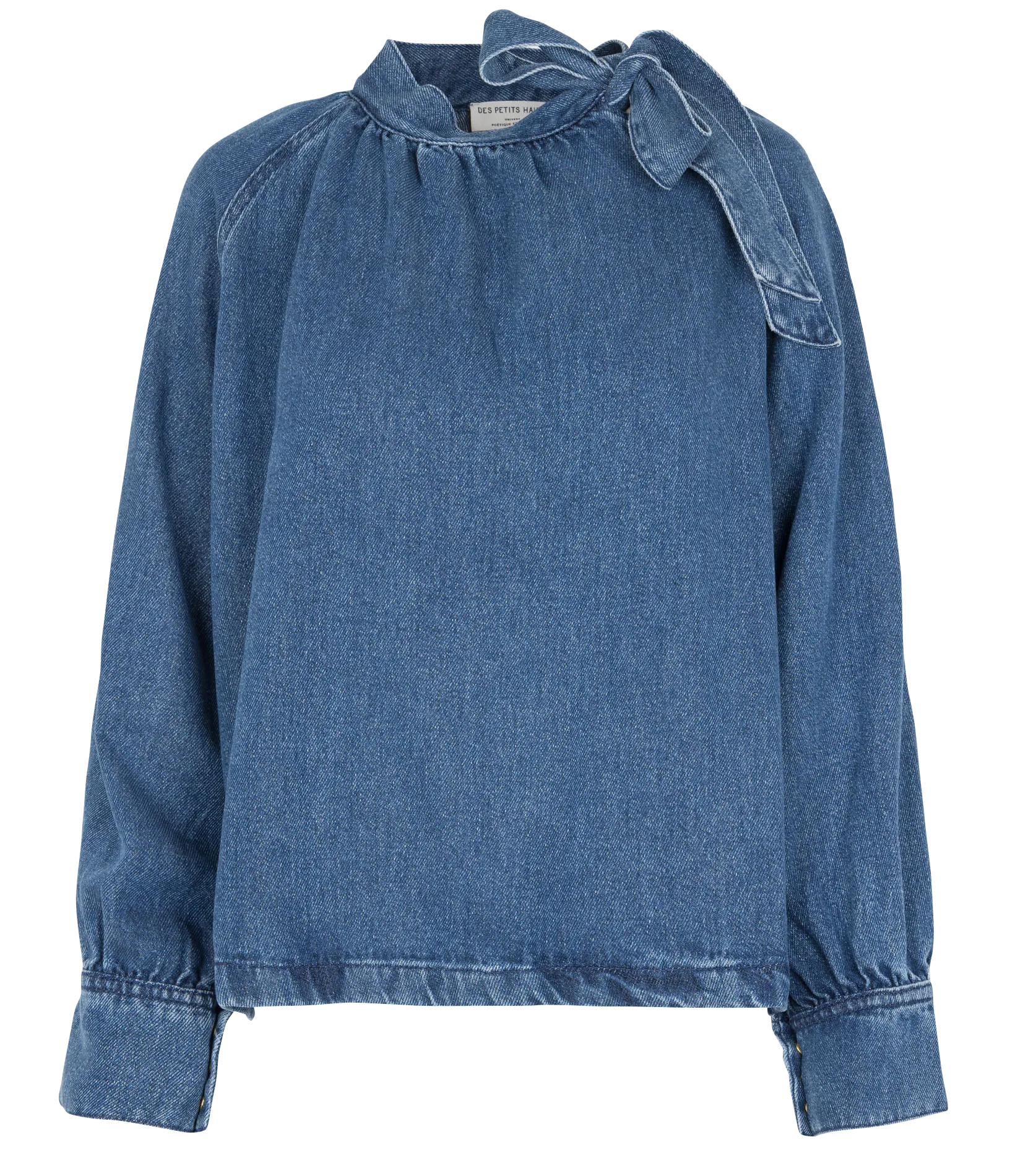 Blouse ample col noué en jean Bleu LOU