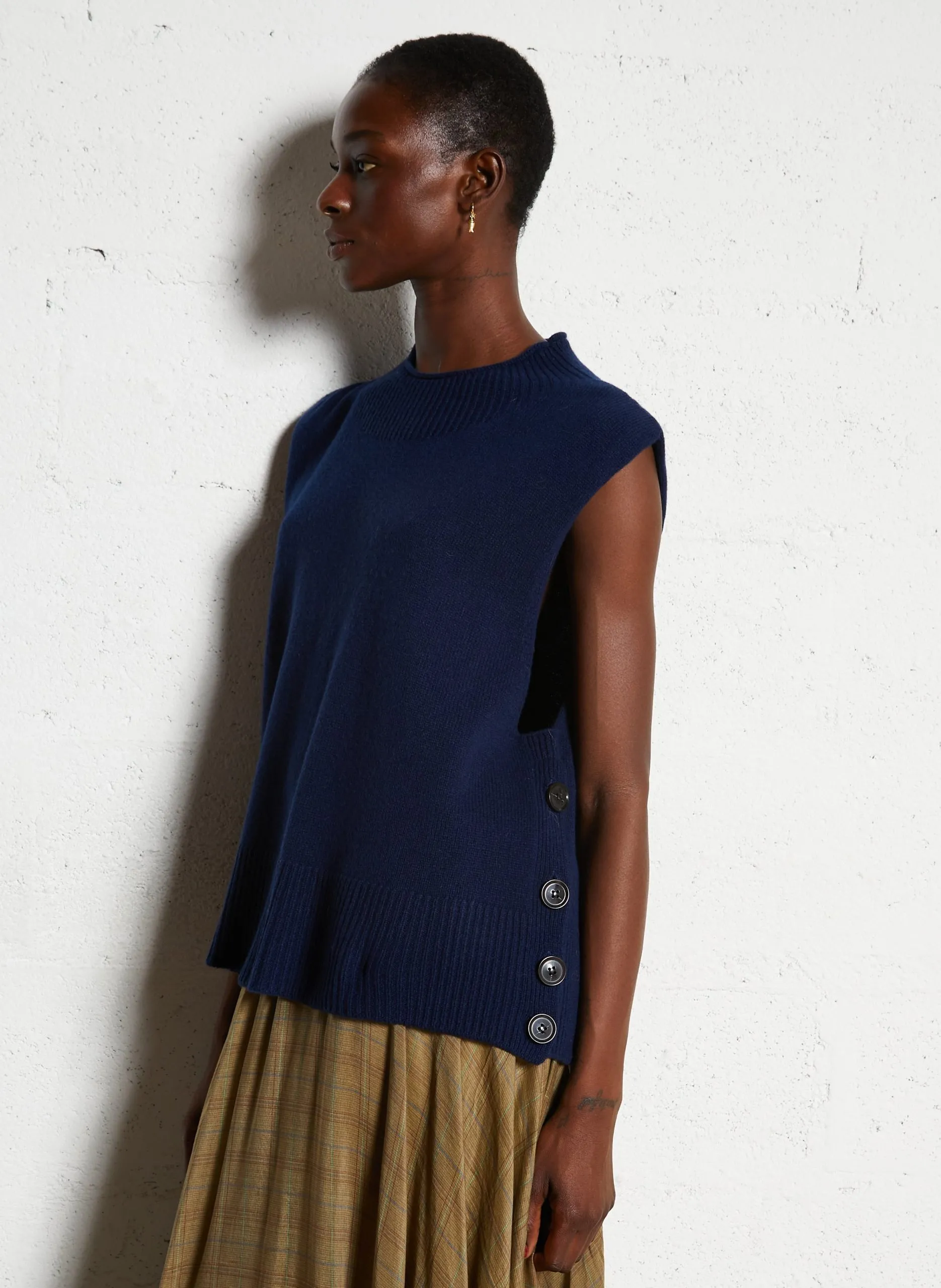 Pull droit sans manches en laine et cachemire Bleu BELL