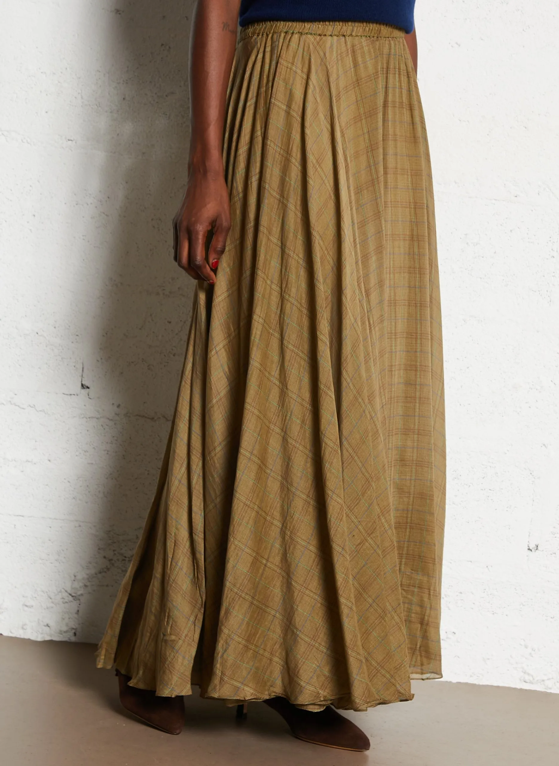 Jupe longue évasée en coton et soie Kaki BREX