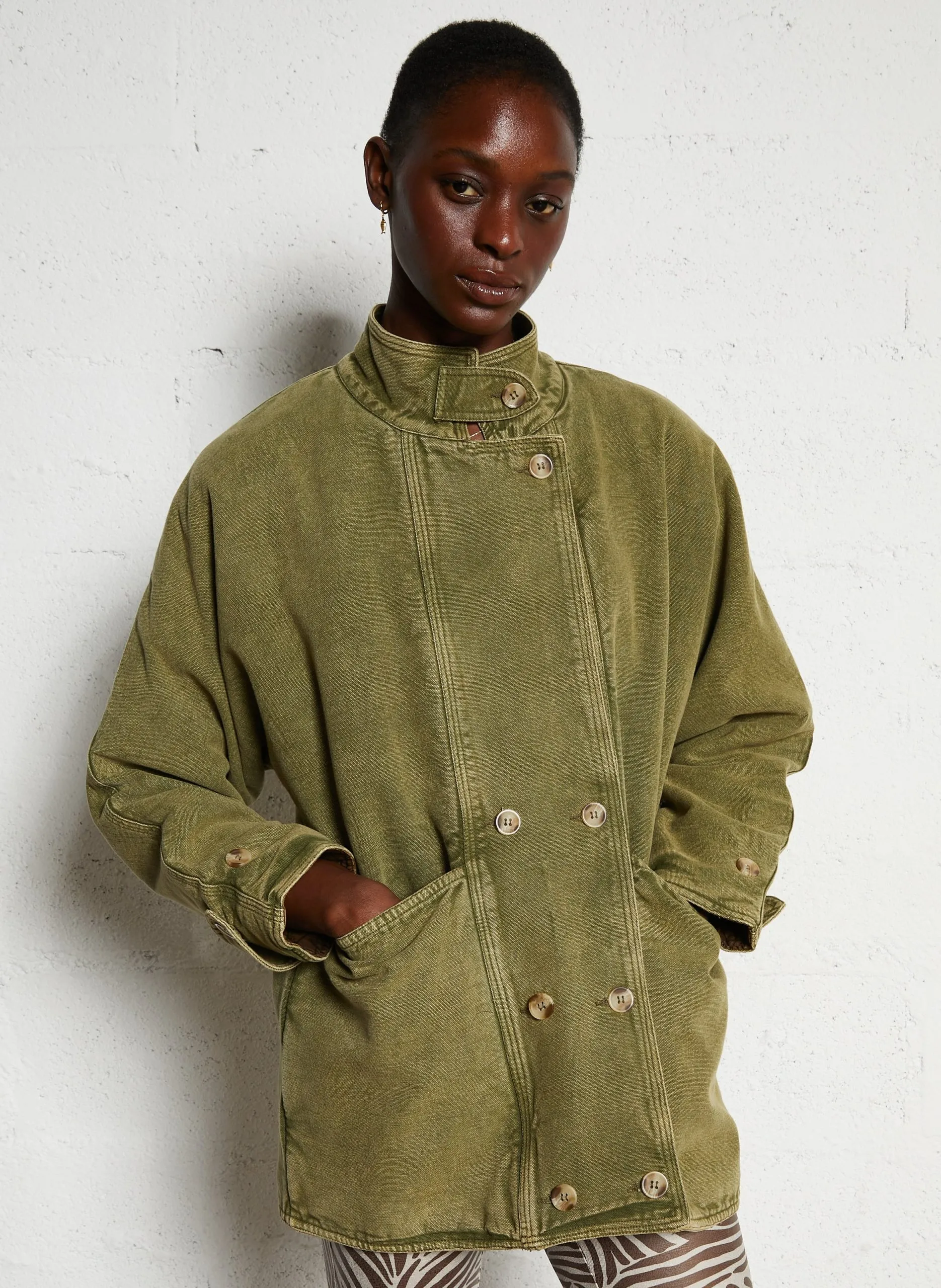 Manteau en denim col montant Kaki VIKTOR