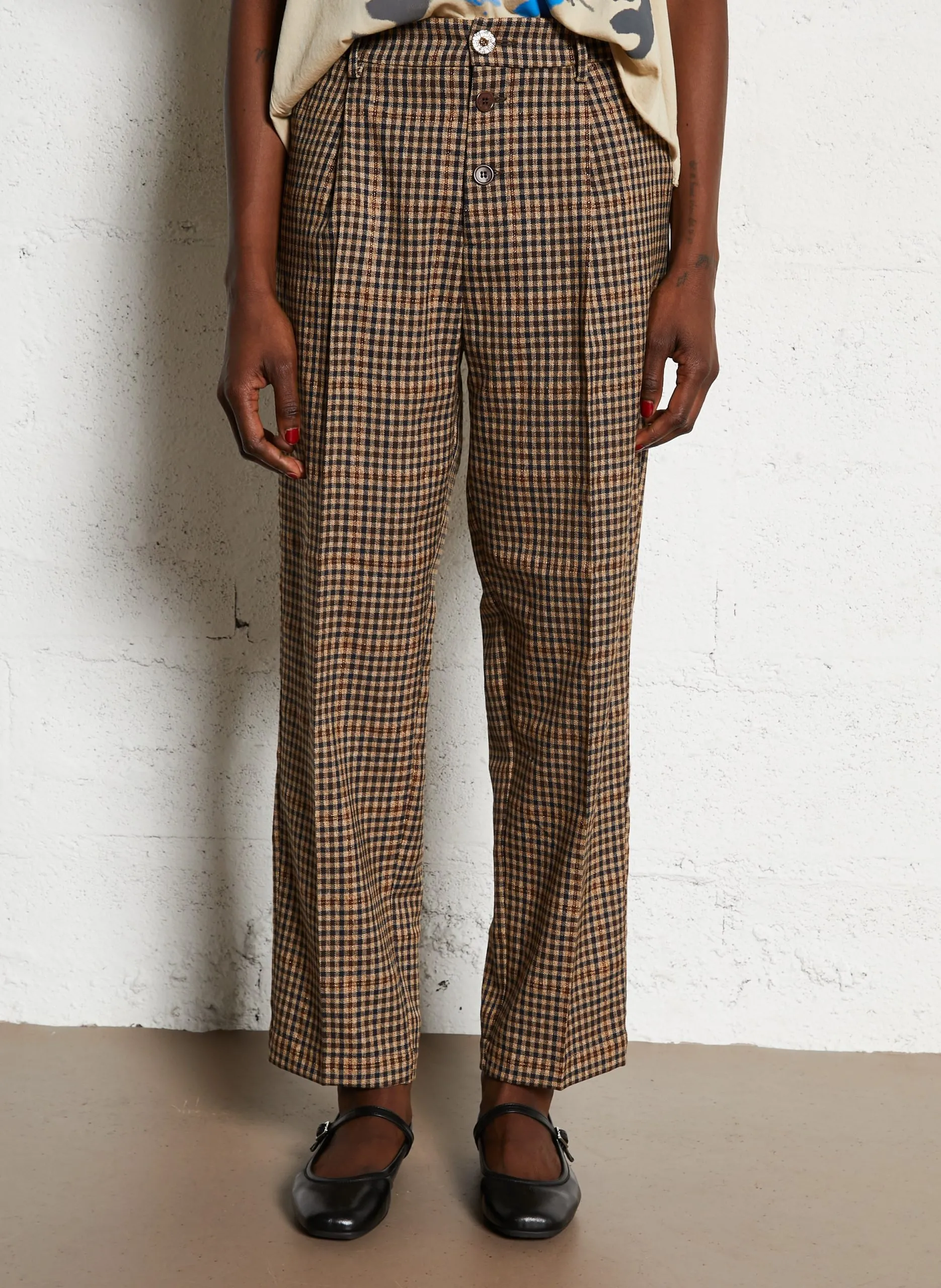 Pantalon à pinces à carreaux Marron