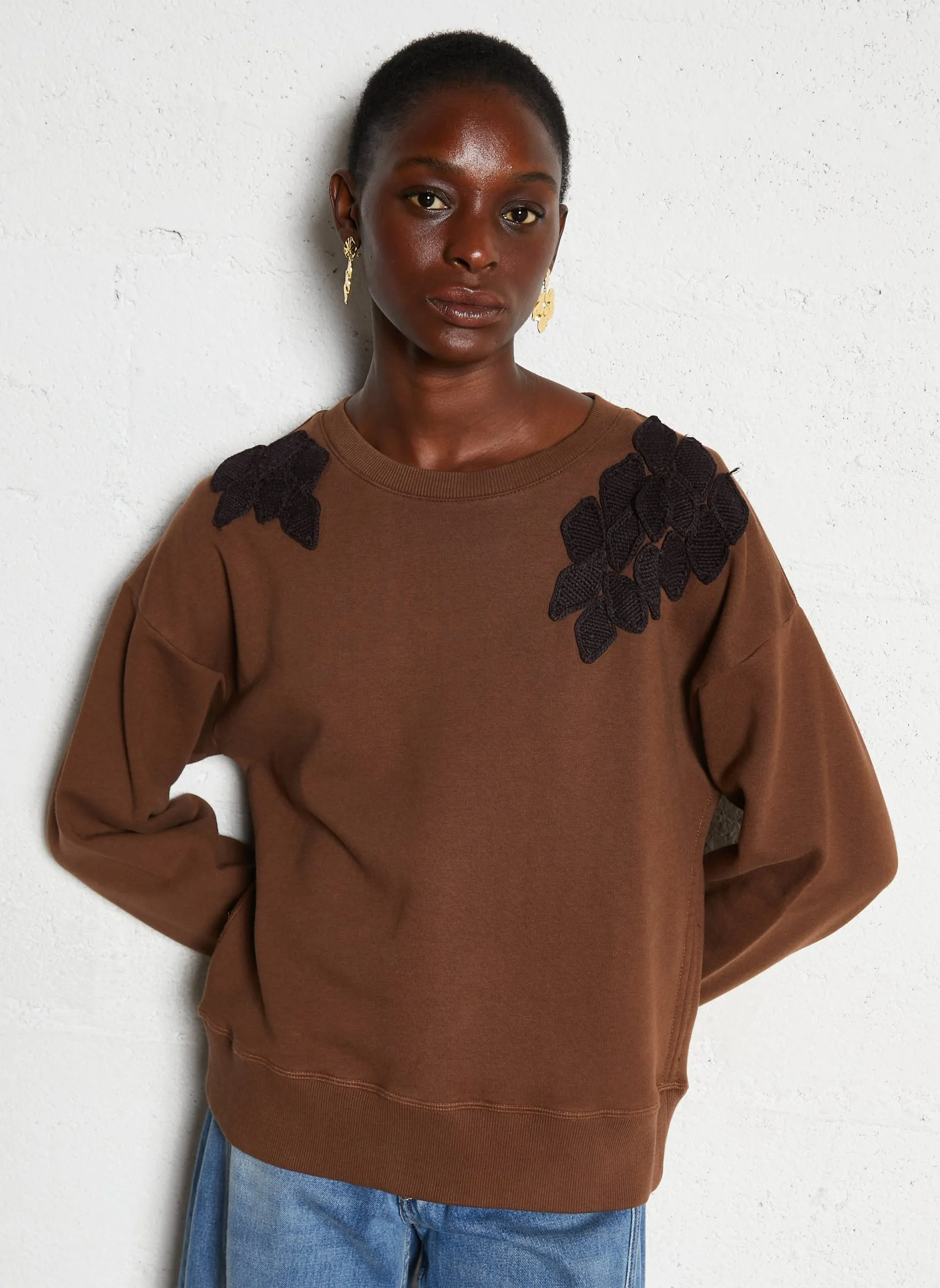 Sweat col rond brodé en coton Marron SIENA