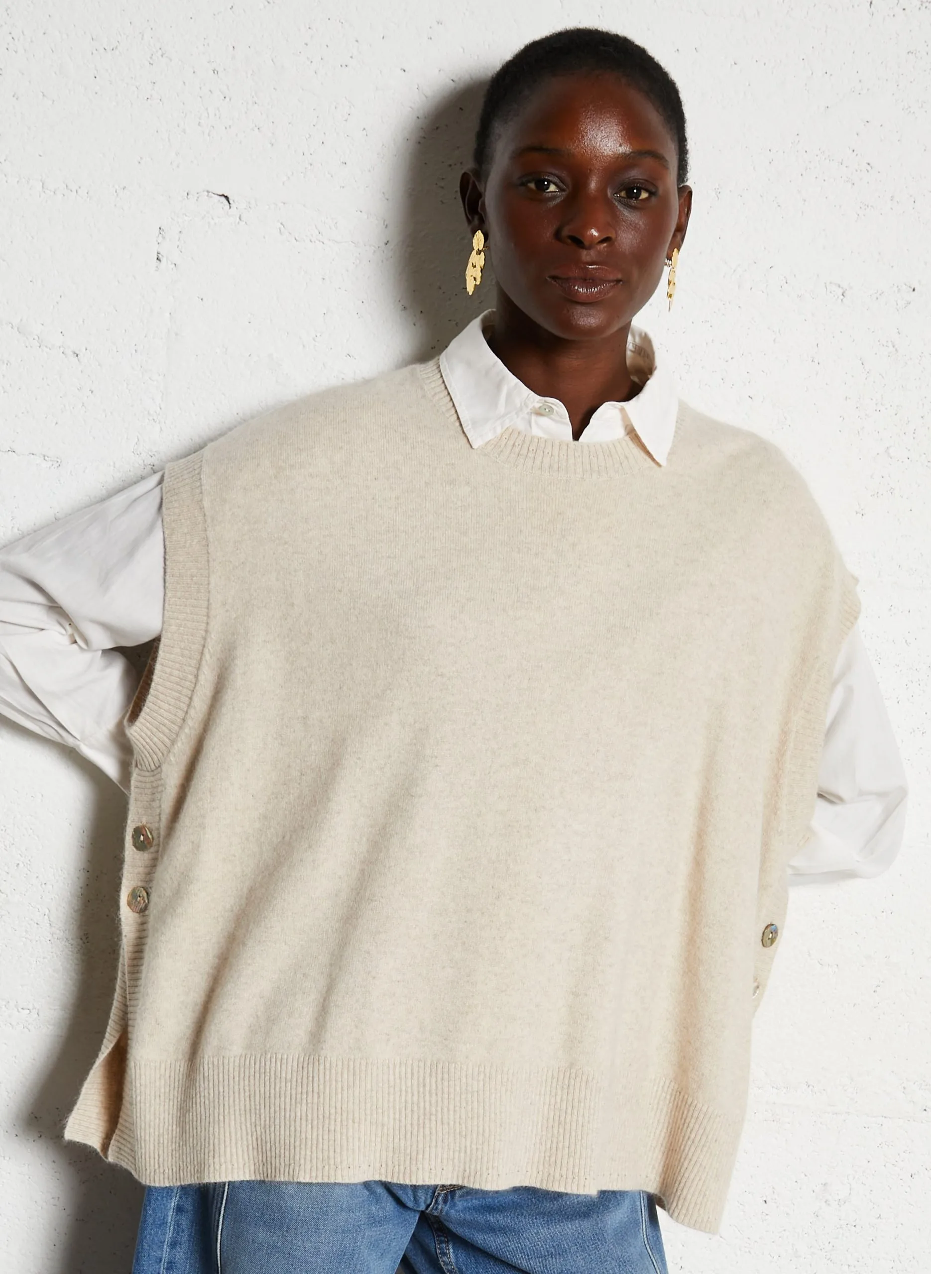 Cape col rond en laine mélangée Beige LOIRE