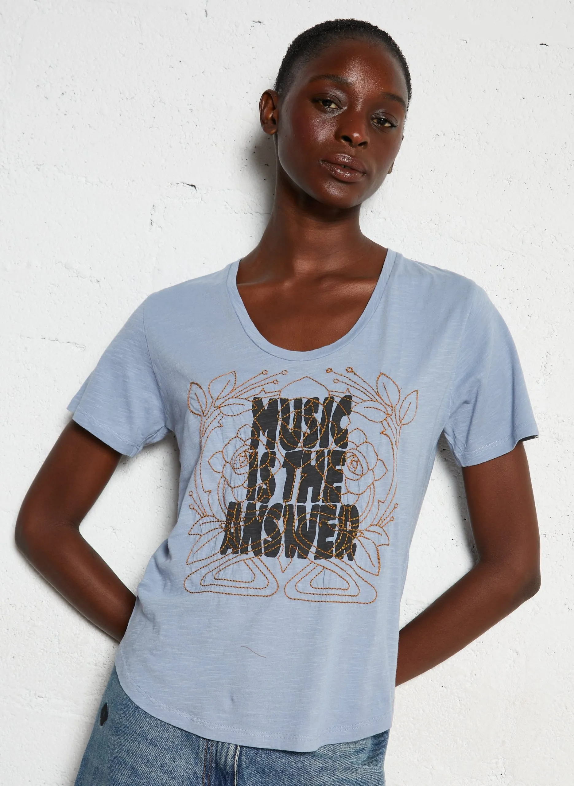 Tee-shirt col rond en coton bio Bleu TIZIA