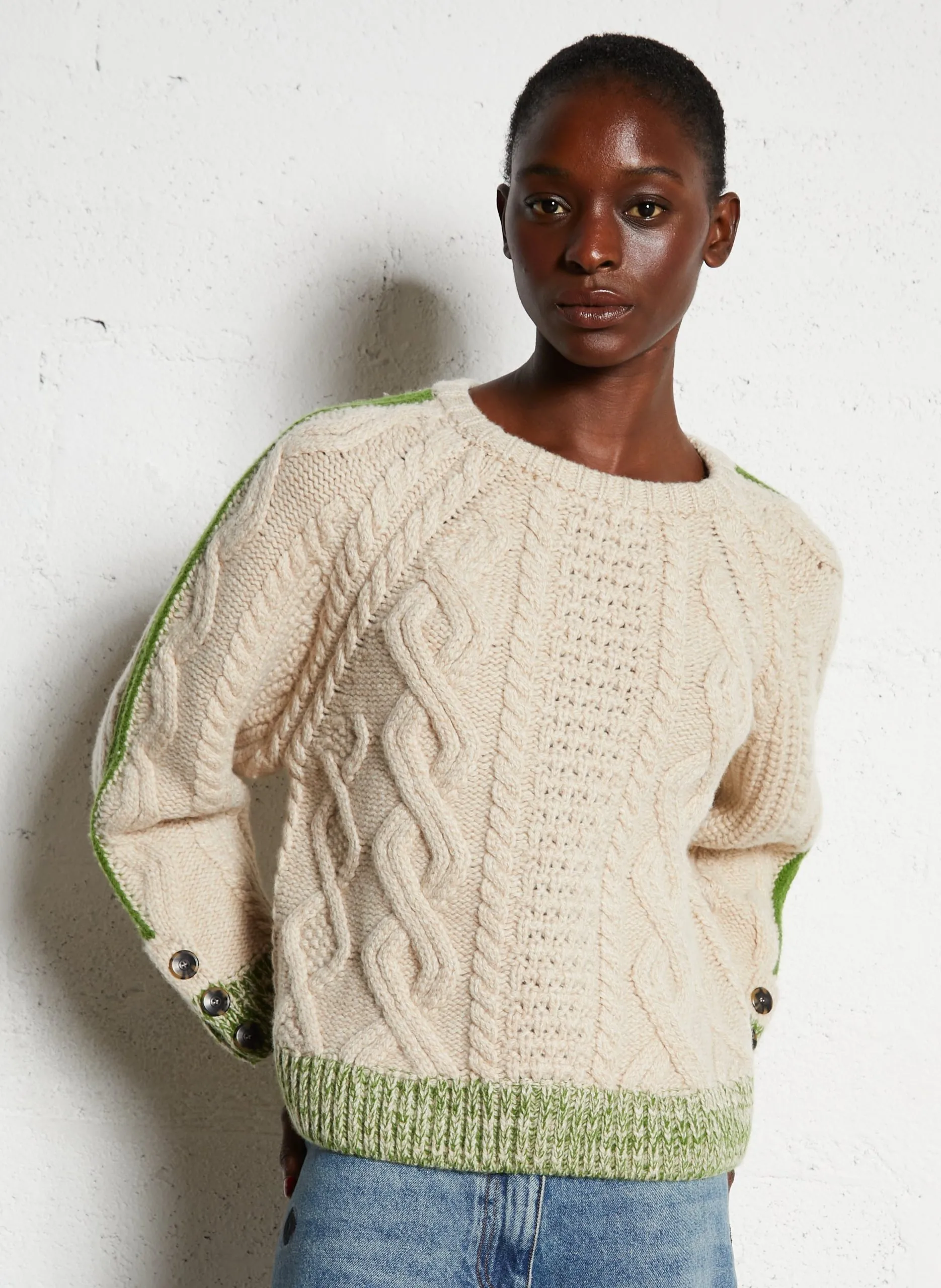 Pull ample col rond en laine torsadée Vert MARQUISE